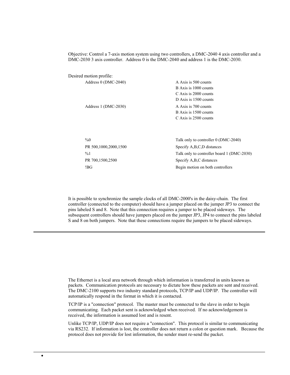 Example- daisy chain, Synchronizing sample clocks in daisy chain, Ethernet configuration (dmc-2100/2200 only) | Communication protocols | Galil DMC-2X00 User Manual | Page 60 / 267