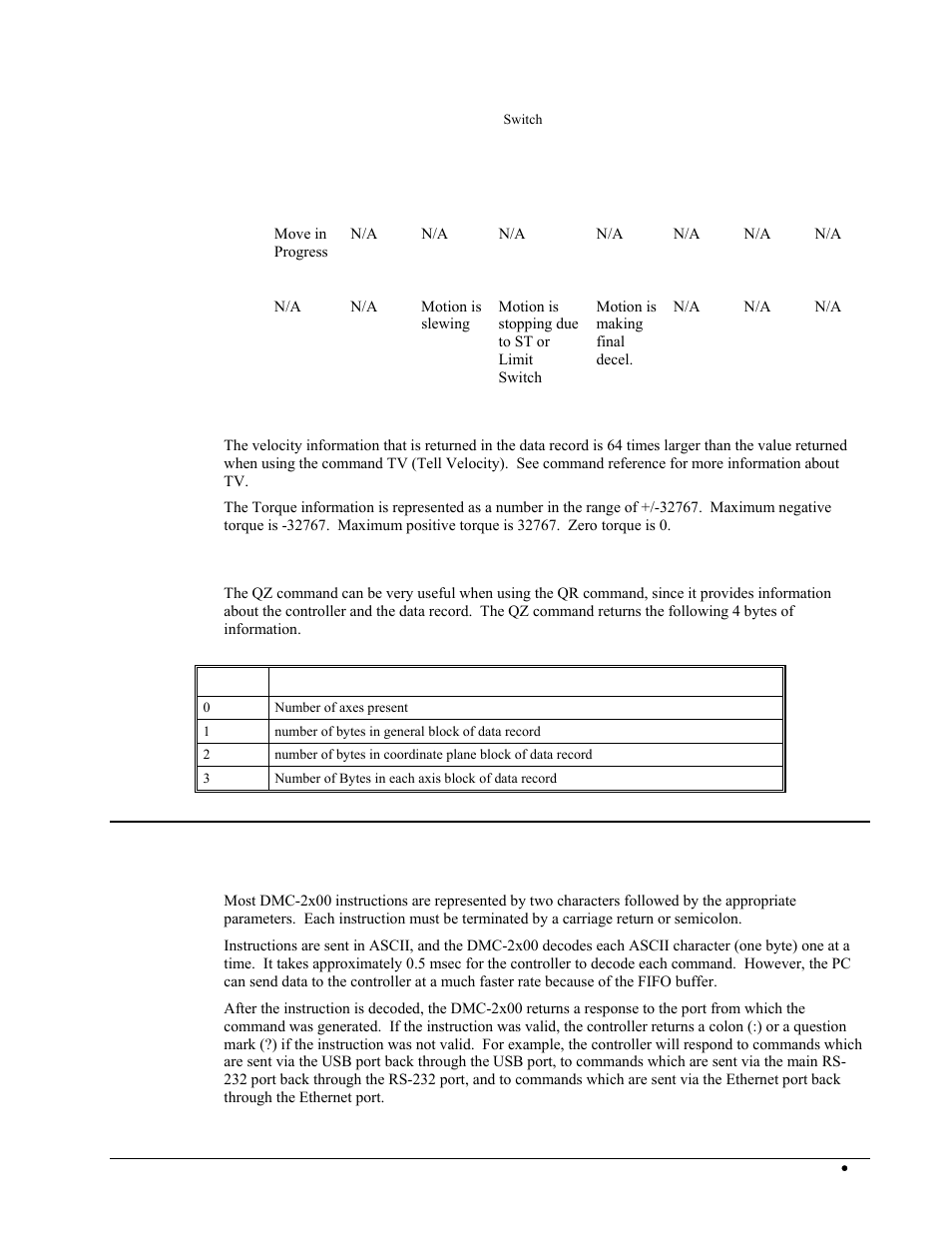 Notes regarding velocity and torque information, Qz command, Controller response to commands | Galil DMC-2X00 User Manual | Page 69 / 267