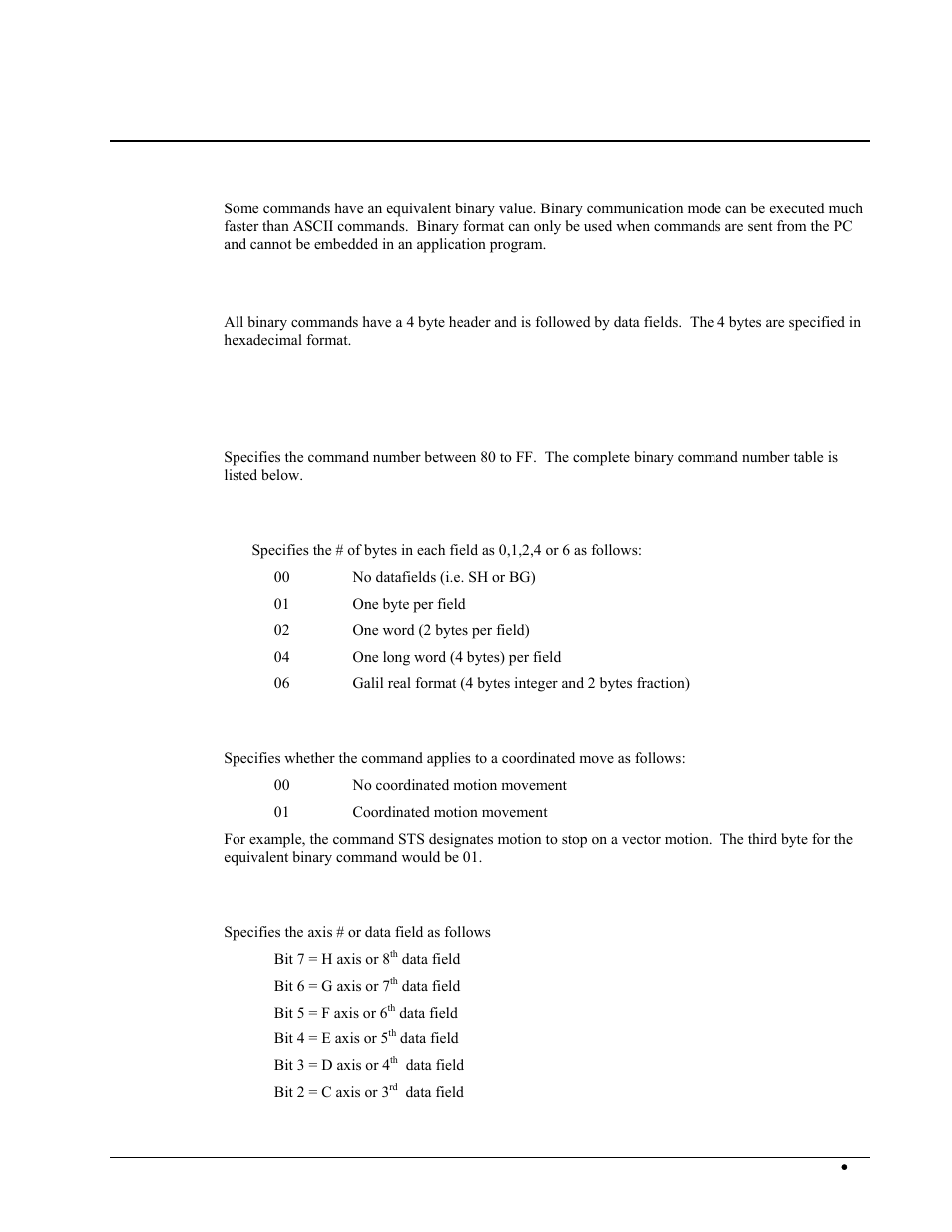 Command syntax - binary, Binary command format, Header format | Byte 1, Byte 2, Byte 3, Byte 4 | Galil DMC-2X00 User Manual | Page 73 / 267