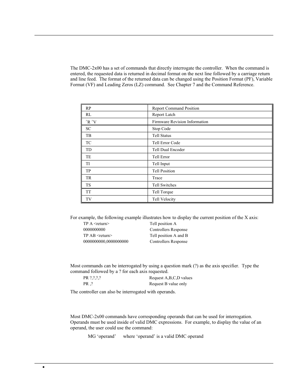 Interrogating the controller, Interrogation commands, Summary of interrogation commands | Interrogating current commanded values, Operands | Galil DMC-2X00 User Manual | Page 76 / 267