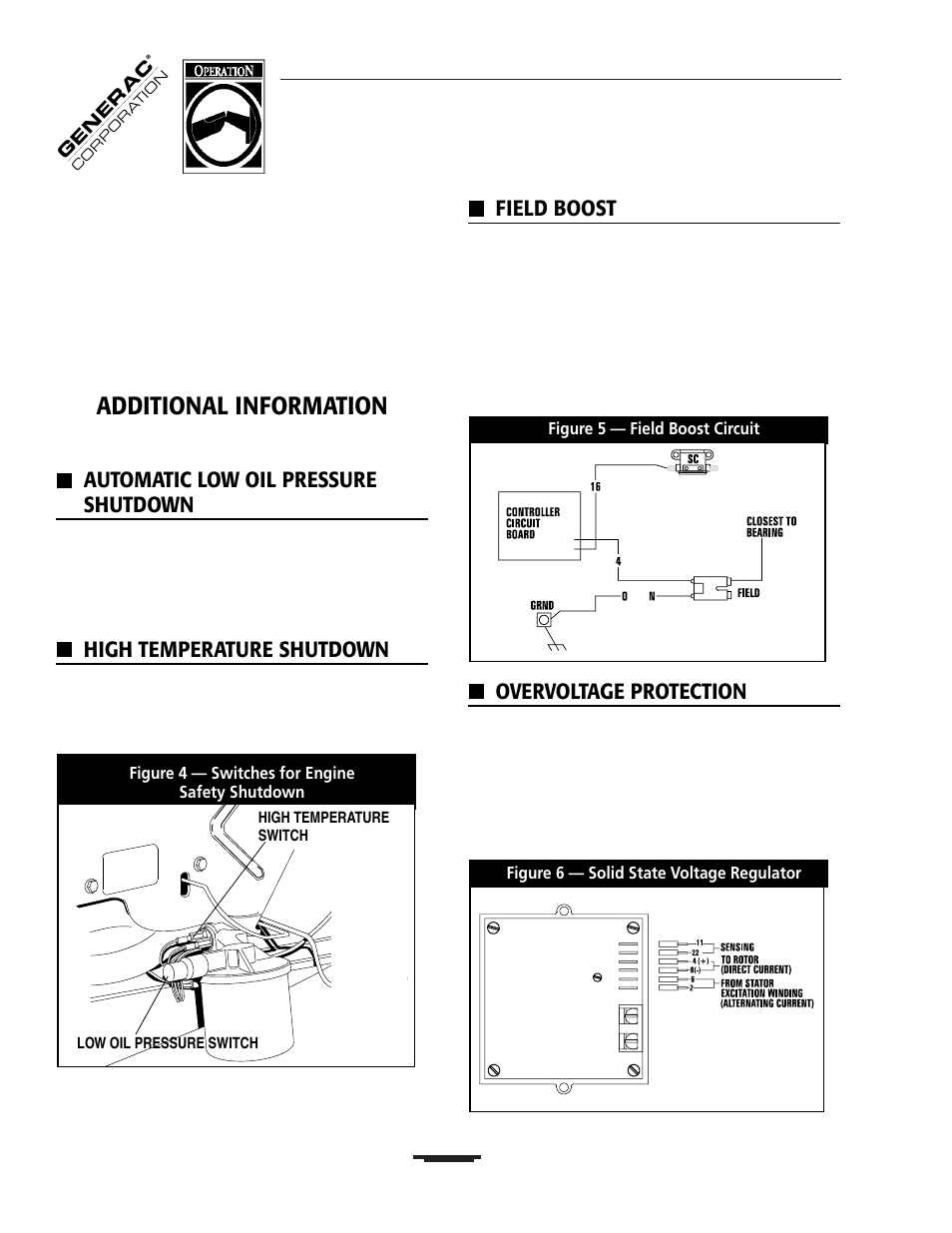 Additional information, Automatic low oil pressure shutdown, High temperature shutdown | Field boost, Overvoltage protection | Generac 00919-0 User Manual | Page 10 / 32