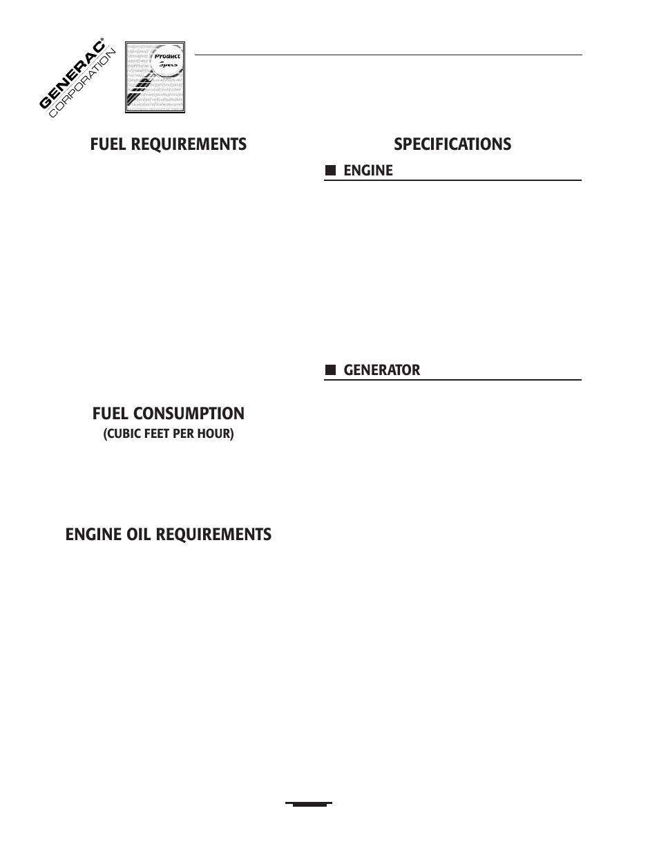 Fuel requirements, Fuel consumption, Engine oil requirements | Specifications, Engine, Generator | Generac 00919-0 User Manual | Page 12 / 32