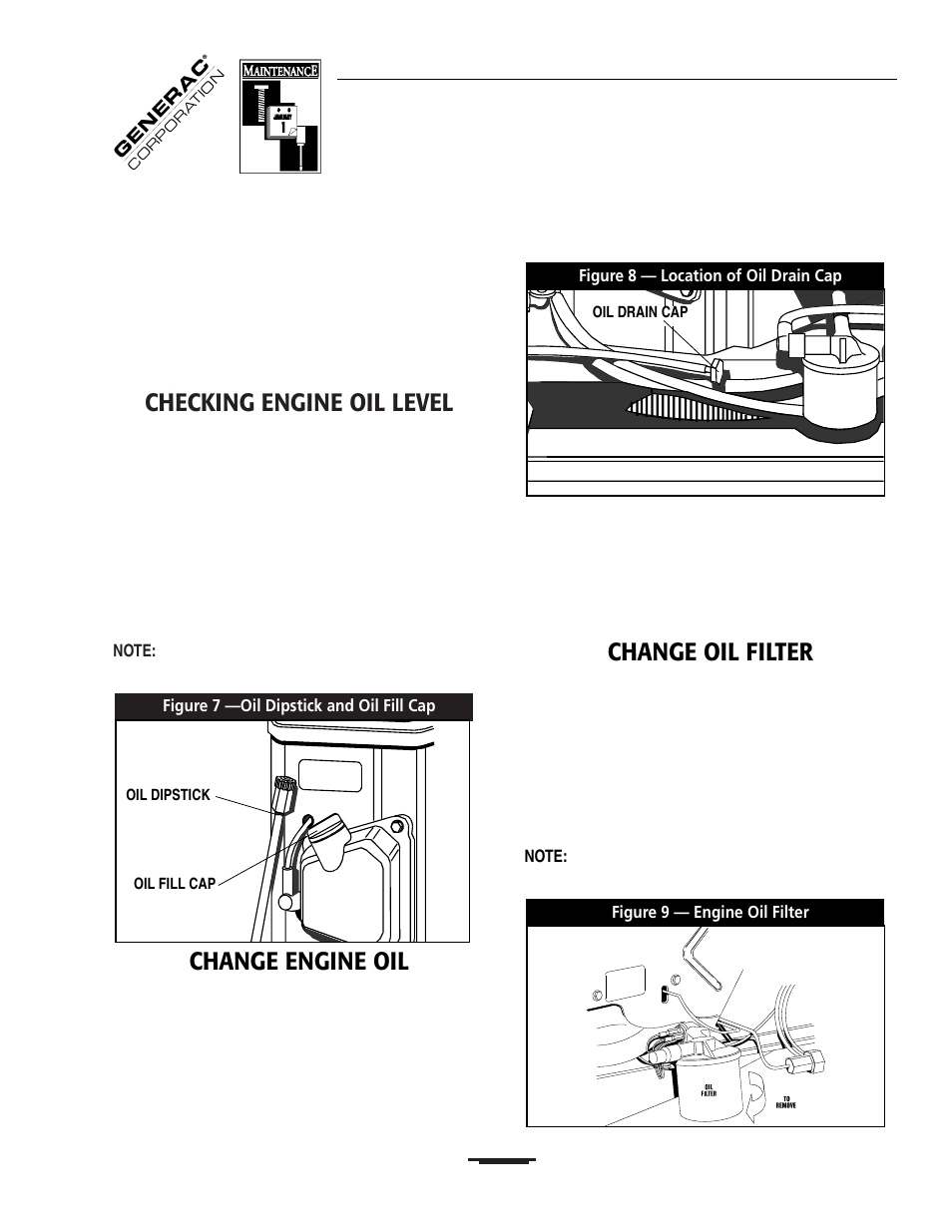 Checking engine oil level, Change engine oil, Change oil filter | Generac 00919-0 User Manual | Page 13 / 32