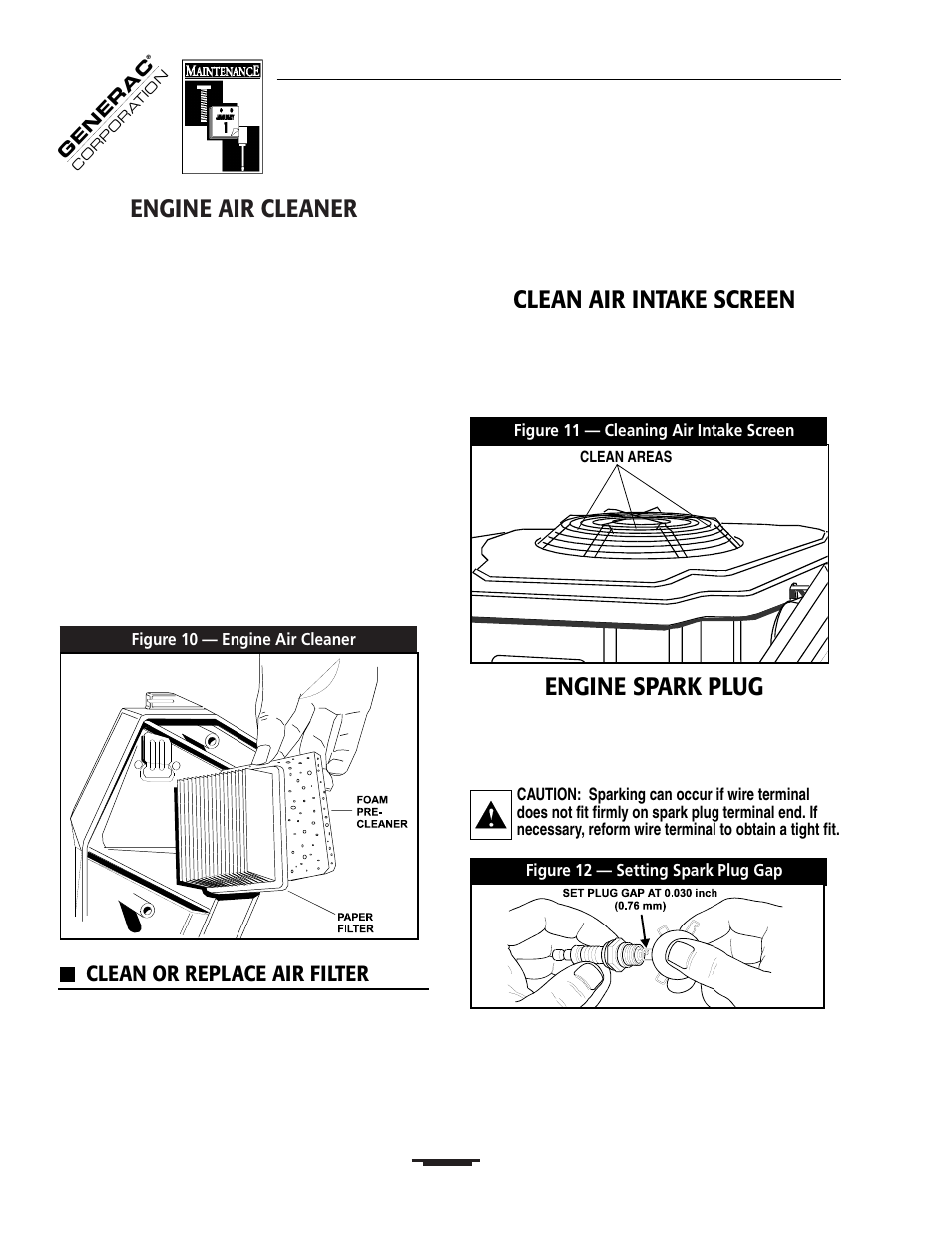 Engine air cleaner, Clean air intake screen, Engine spark plug | Clean or replace air filter | Generac 00919-0 User Manual | Page 14 / 32