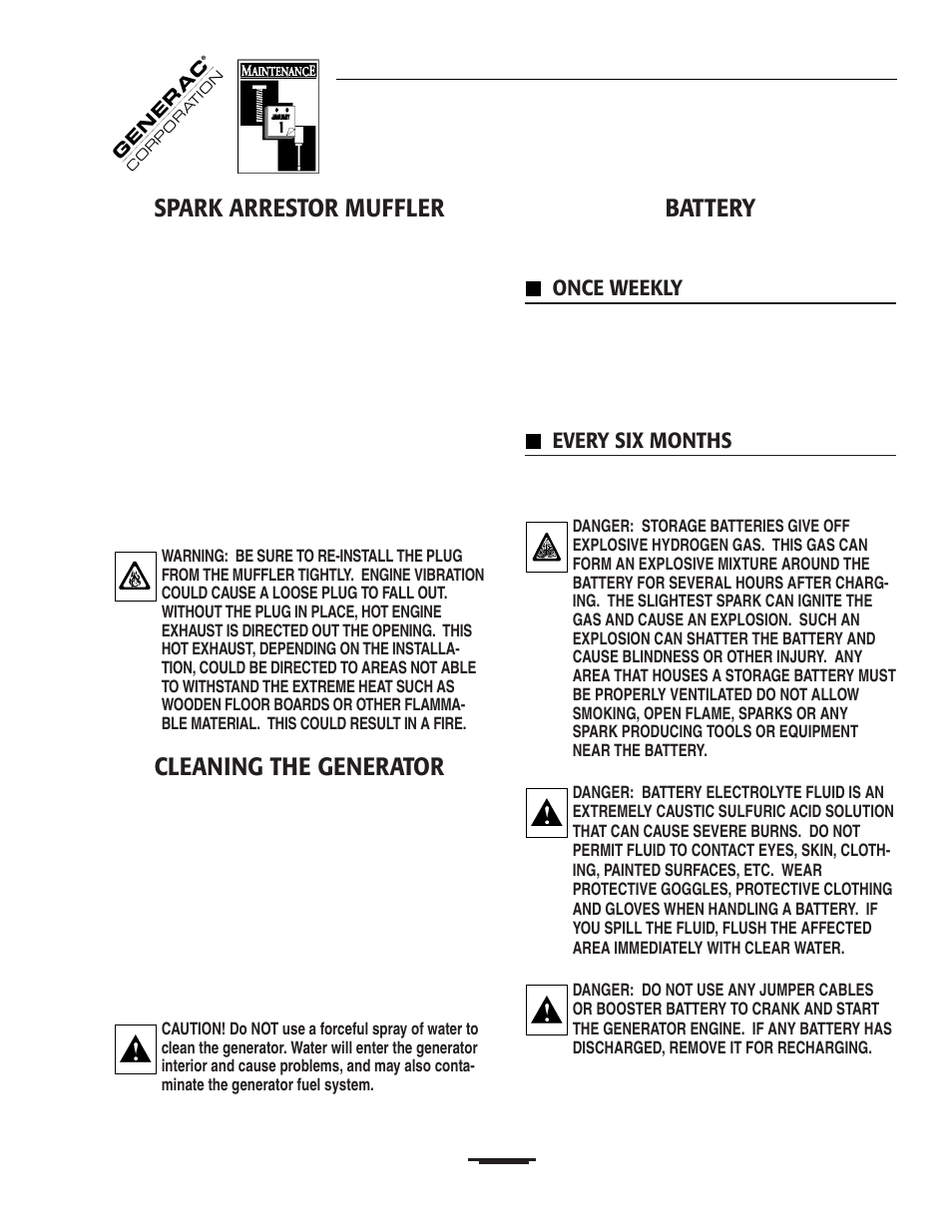 Spark arrestor muffler, Cleaning the generator, Battery | Once weekly, Every six months | Generac 00919-0 User Manual | Page 15 / 32