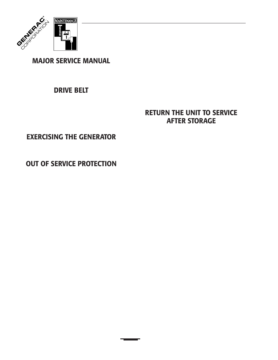 Major service manual, Drive belt, Exercising the generator | Out of service protection, Return the unit to service after storage | Generac 00919-0 User Manual | Page 16 / 32