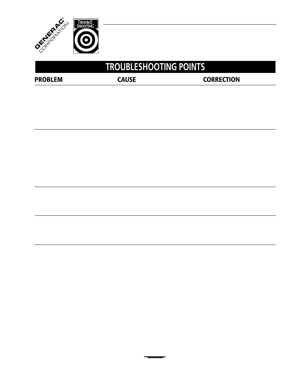 Troubleshooting points, Problem cause correction | Generac 00919-0 User Manual | Page 17 / 32