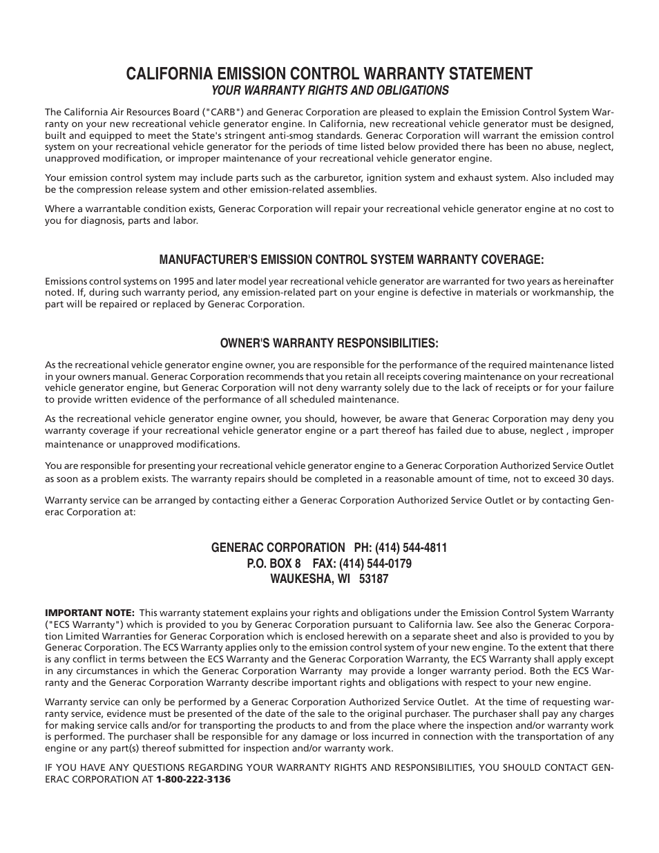California emission control warranty statement | Generac 00919-0 User Manual | Page 30 / 32