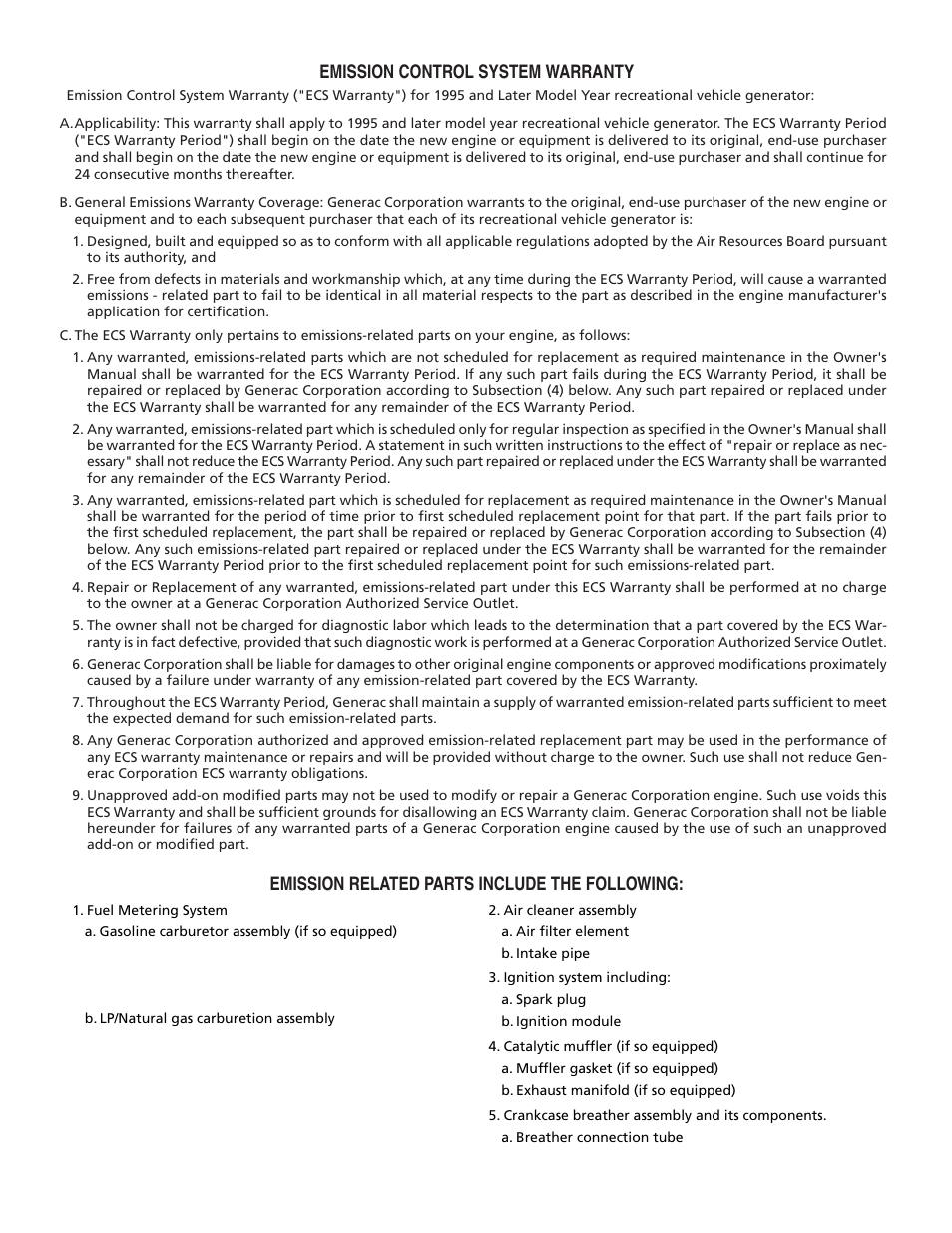 Emission control system warranty, Emission related parts include the following | Generac 00919-0 User Manual | Page 31 / 32