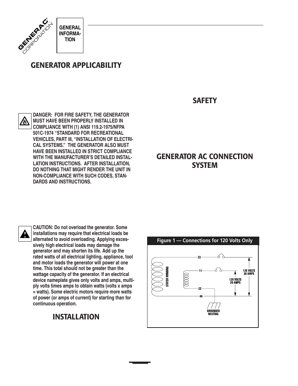 Generator applicability, Installation, Safety | Generator ac connection system | Generac 00919-0 User Manual | Page 6 / 32