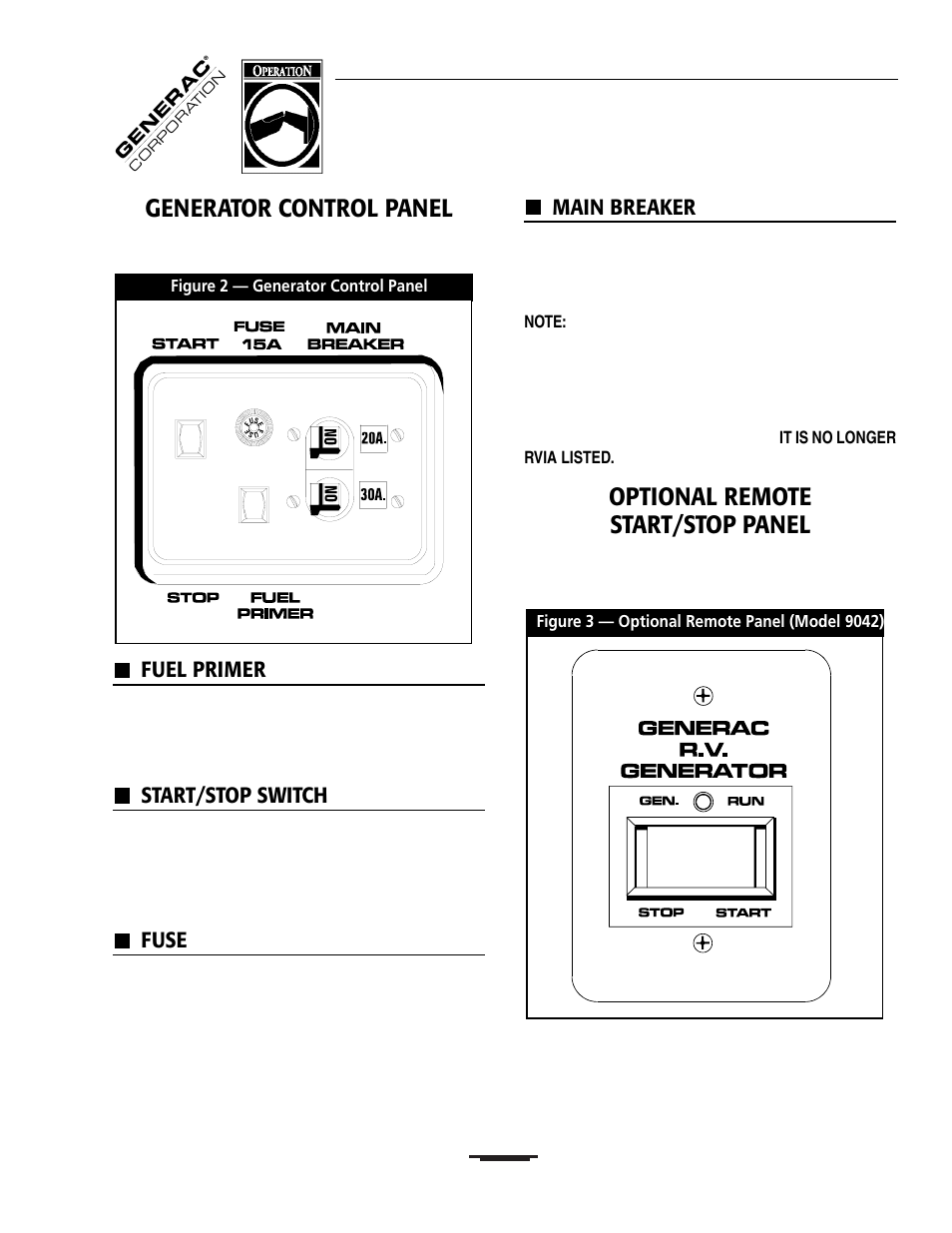 Generator control panel, Optional remote start/stop panel, Fuel primer | Start/stop switch, Fuse, Main breaker | Generac 00919-0 User Manual | Page 7 / 32