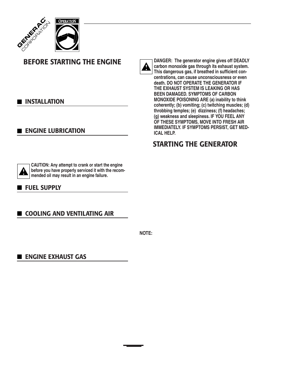 Before starting the engine, Starting the generator, Installation | Engine lubrication, Fuel supply, Cooling and ventilating air, Engine exhaust gas | Generac 00919-0 User Manual | Page 8 / 32