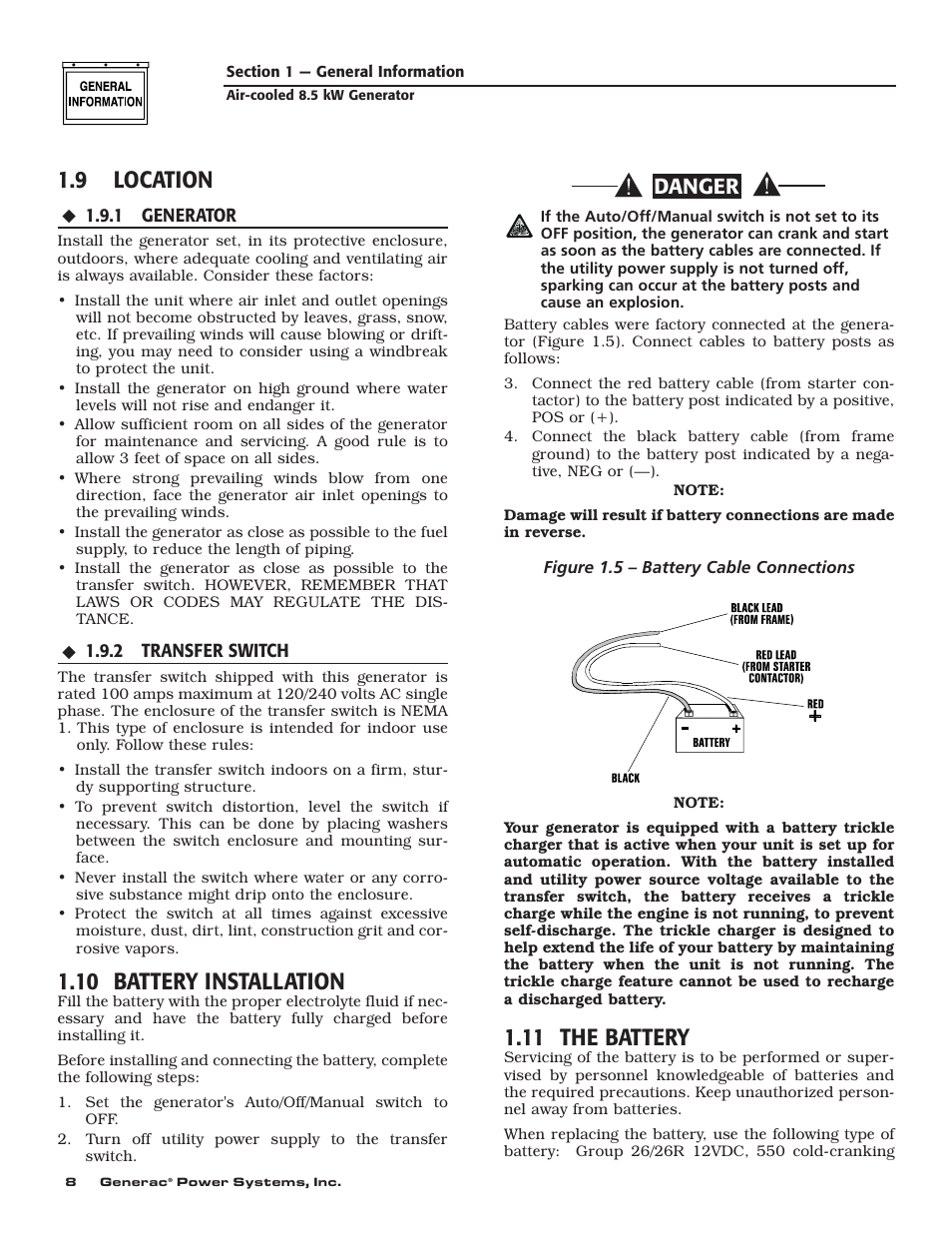 9 location, 10 battery installation, 11 the battery | Danger | Generac 004692-0 User Manual | Page 10 / 44