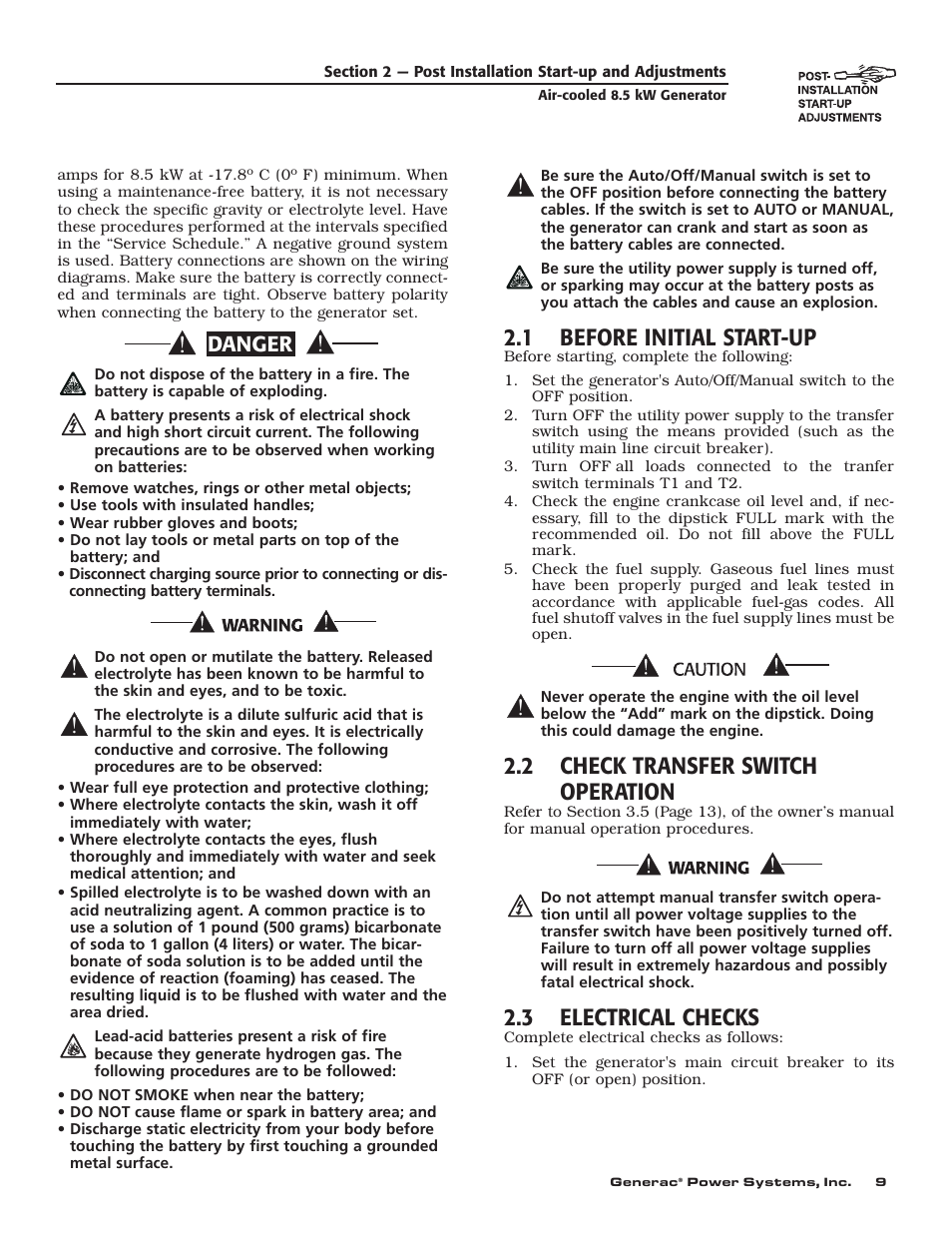 1 before initial start-up, 2 check transfer switch operation, 3 electrical checks | Danger | Generac 004692-0 User Manual | Page 11 / 44