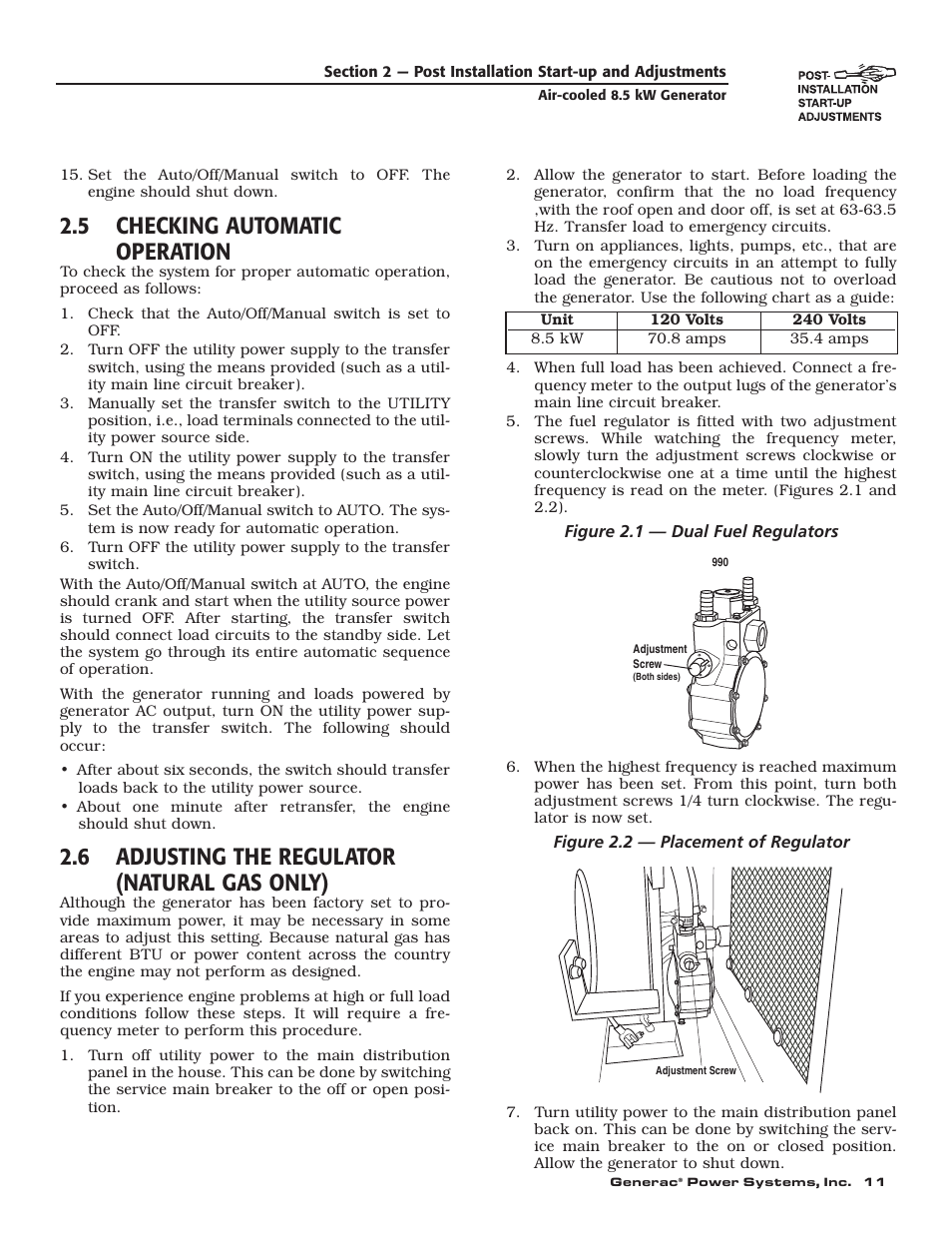 5 checking automatic operation, 6 adjusting the regulator (natural gas only) | Generac 004692-0 User Manual | Page 13 / 44