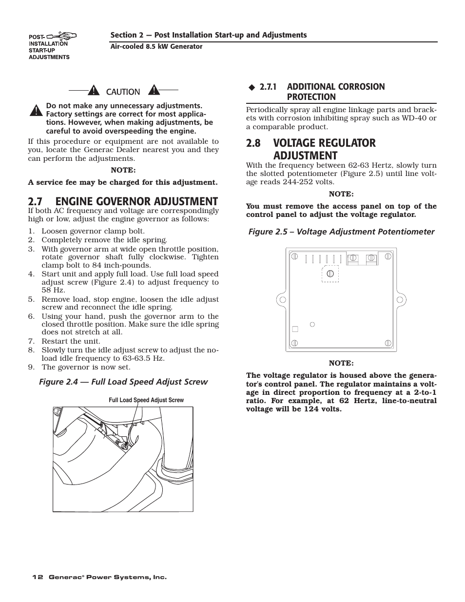 7 engine governor adjustment, 8 voltage regulator adjustment | Generac 004692-0 User Manual | Page 14 / 44