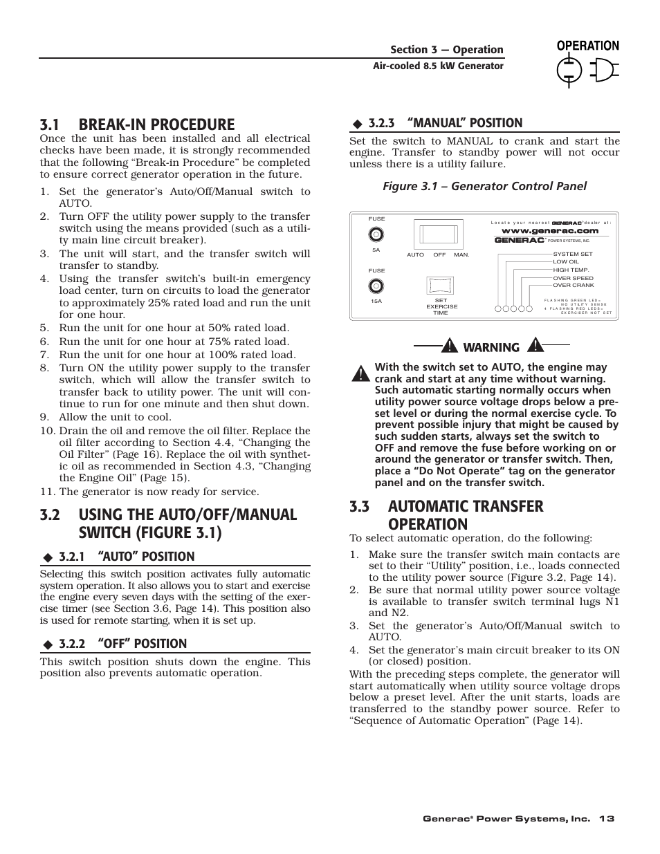 1 break-in procedure, 2 using the auto/off/manual switch (figure 3.1), 3 automatic transfer operation | 1 “auto” position, 2 “off” position, 3 “manual” position, Figure 3.1 – generator control panel | Generac 004692-0 User Manual | Page 15 / 44