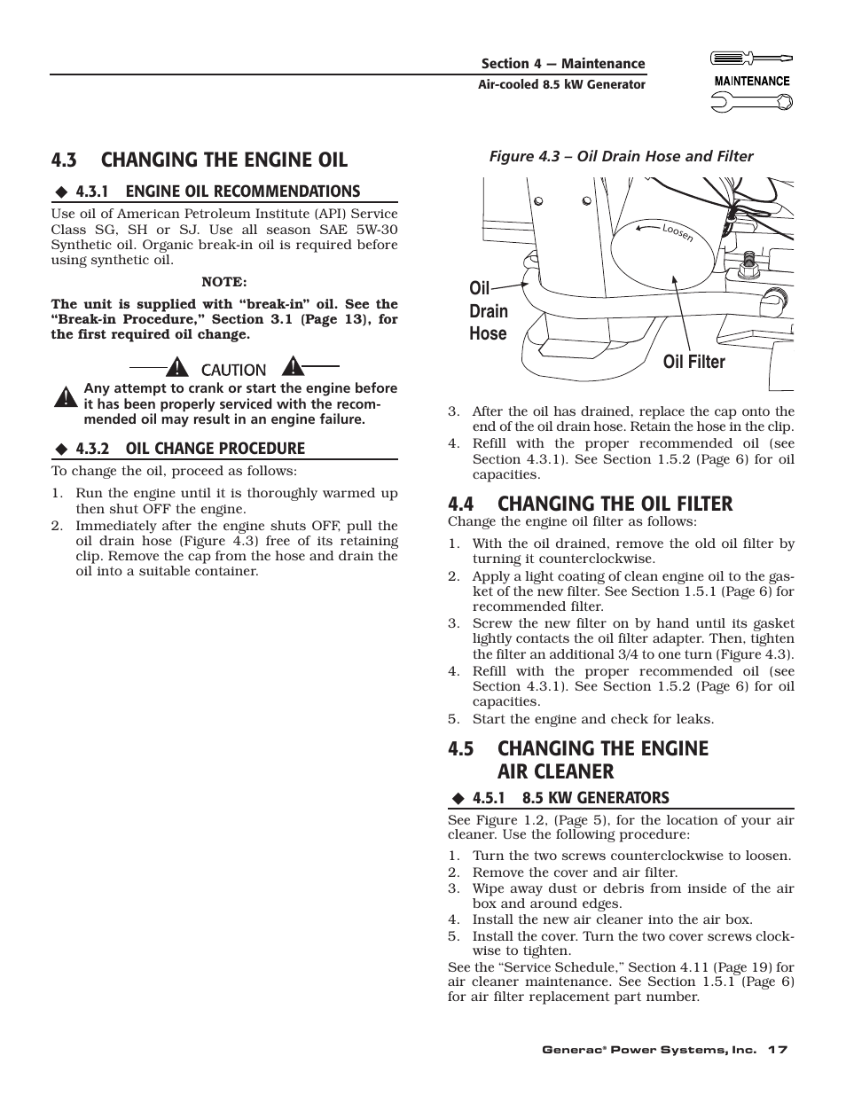 3 changing the engine oil, 4 changing the oil filter, 5 changing the engine air cleaner | Oil filter oil drain hose | Generac 004692-0 User Manual | Page 19 / 44
