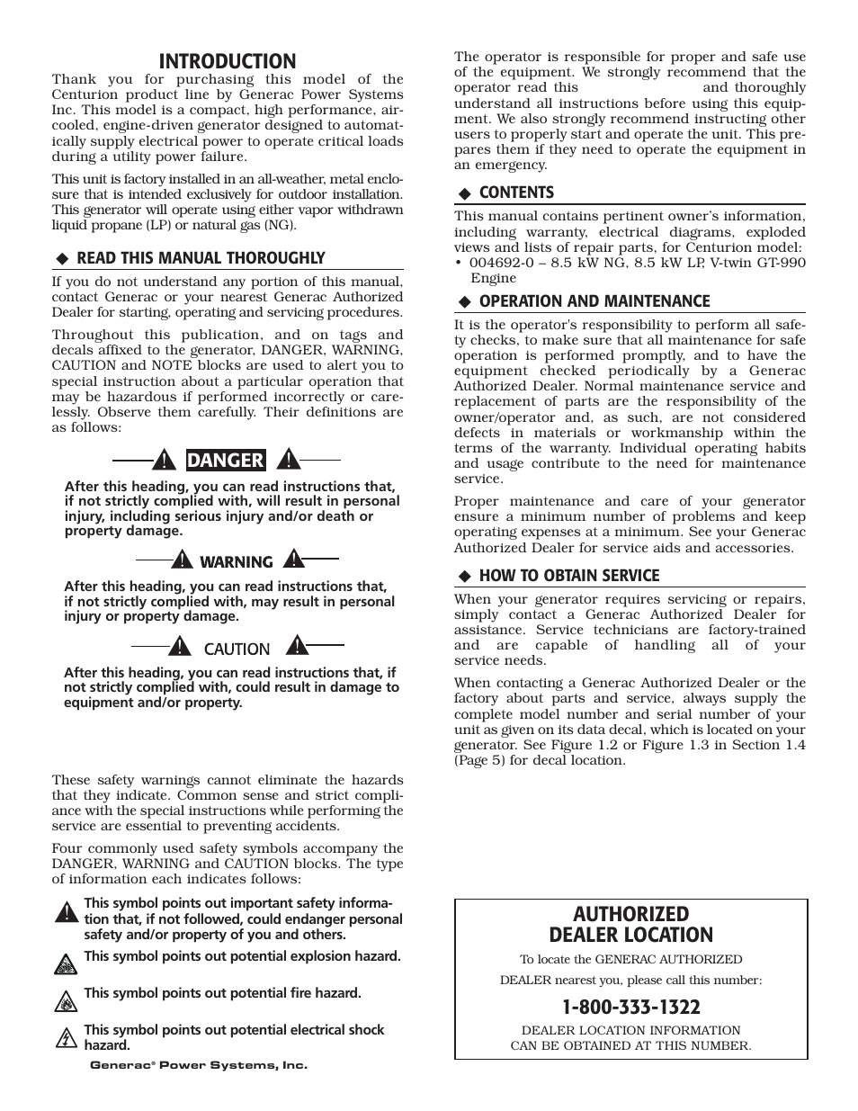 Introduction, Authorized dealer location, Danger | Generac 004692-0 User Manual | Page 2 / 44