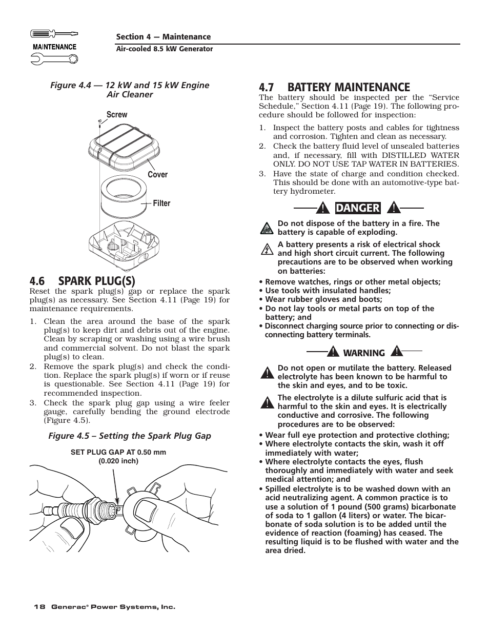 6 spark plug(s), 7 battery maintenance, Danger | Generac 004692-0 User Manual | Page 20 / 44