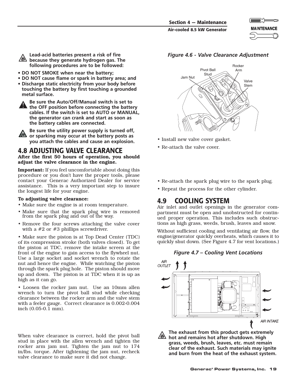 8 adjusting valve clearance, 9 cooling system | Generac 004692-0 User Manual | Page 21 / 44