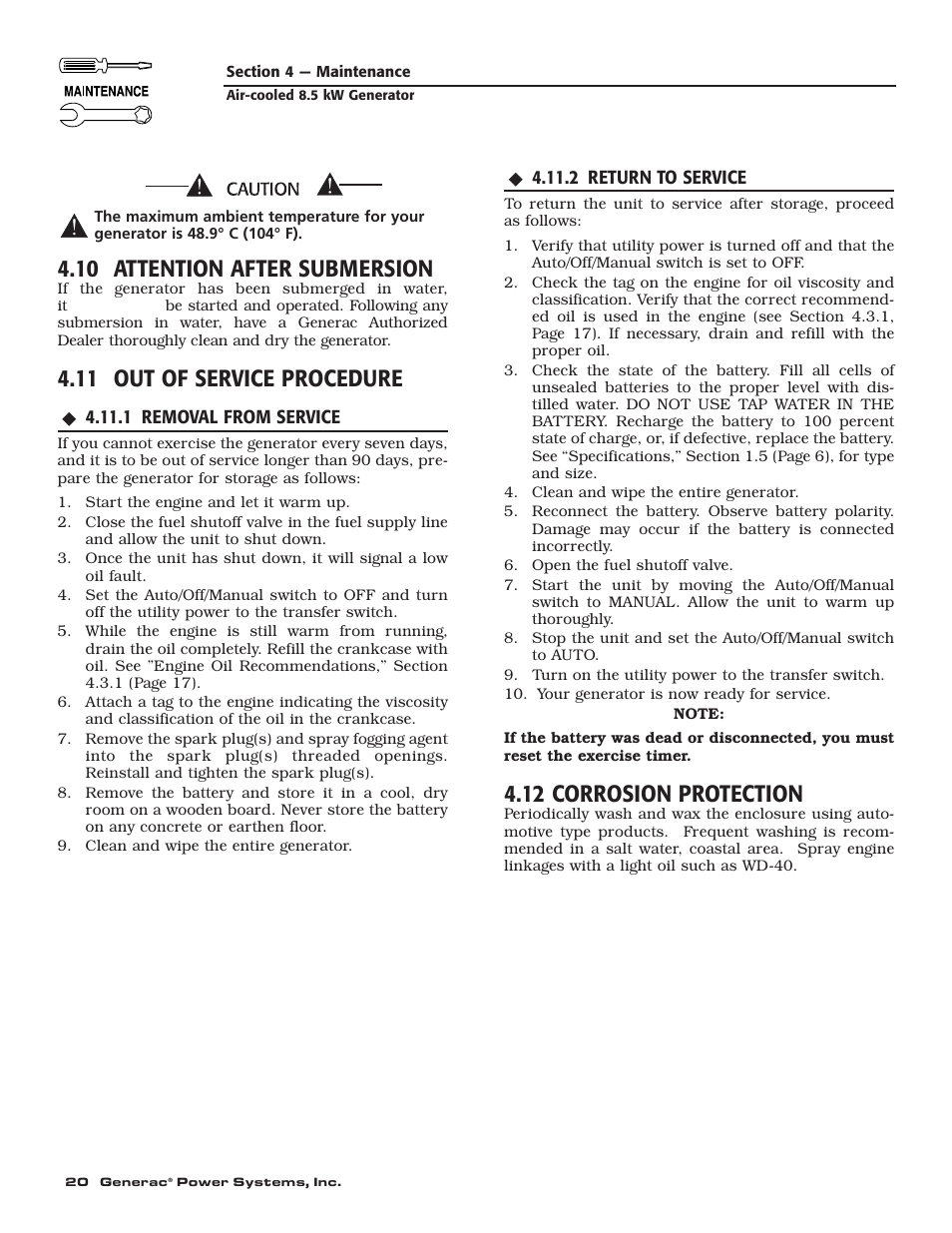 10 attention after submersion, 11 out of service procedure, 12 corrosion protection | Generac 004692-0 User Manual | Page 22 / 44