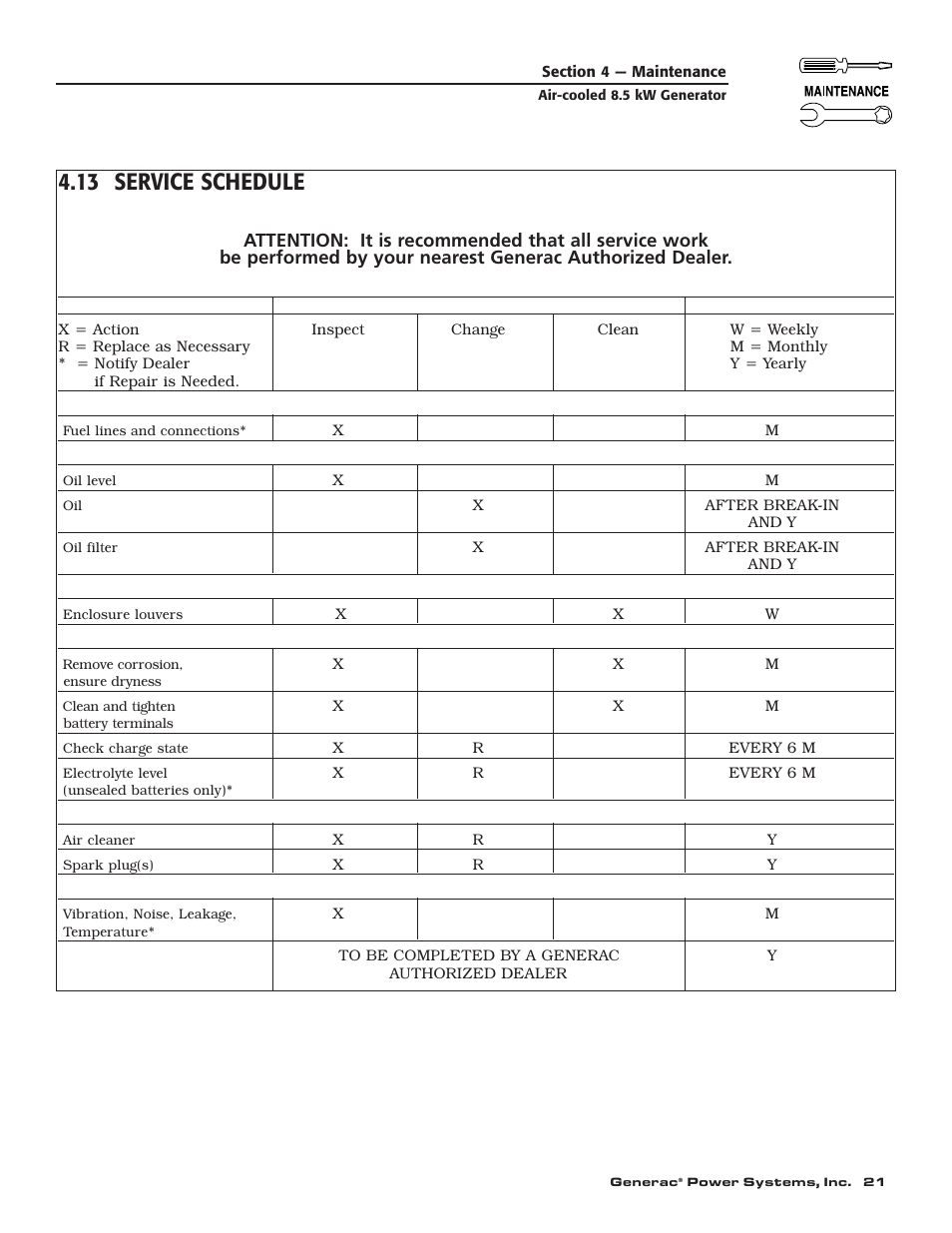 13 service schedule | Generac 004692-0 User Manual | Page 23 / 44