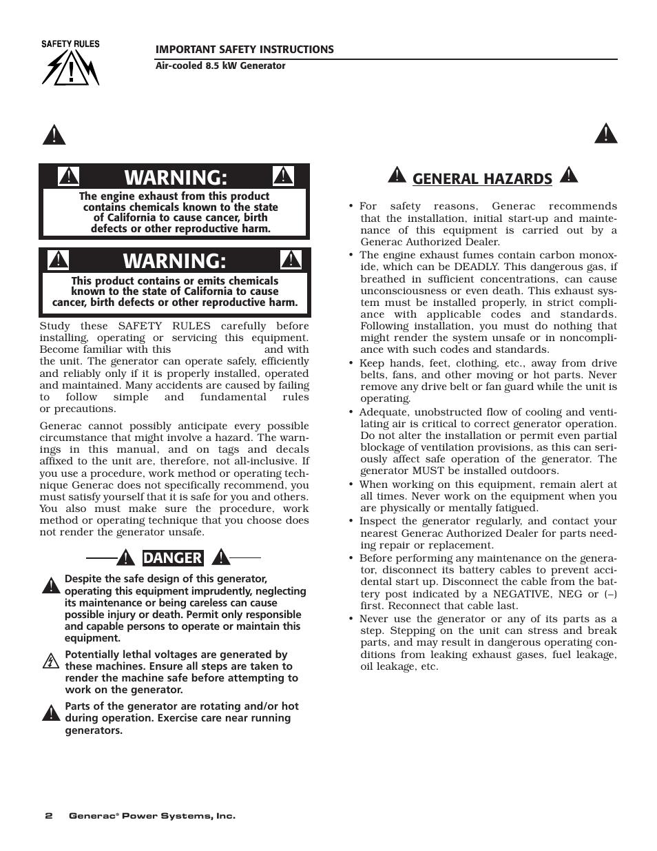 Warning, General hazards, Danger | Generac 004692-0 User Manual | Page 4 / 44
