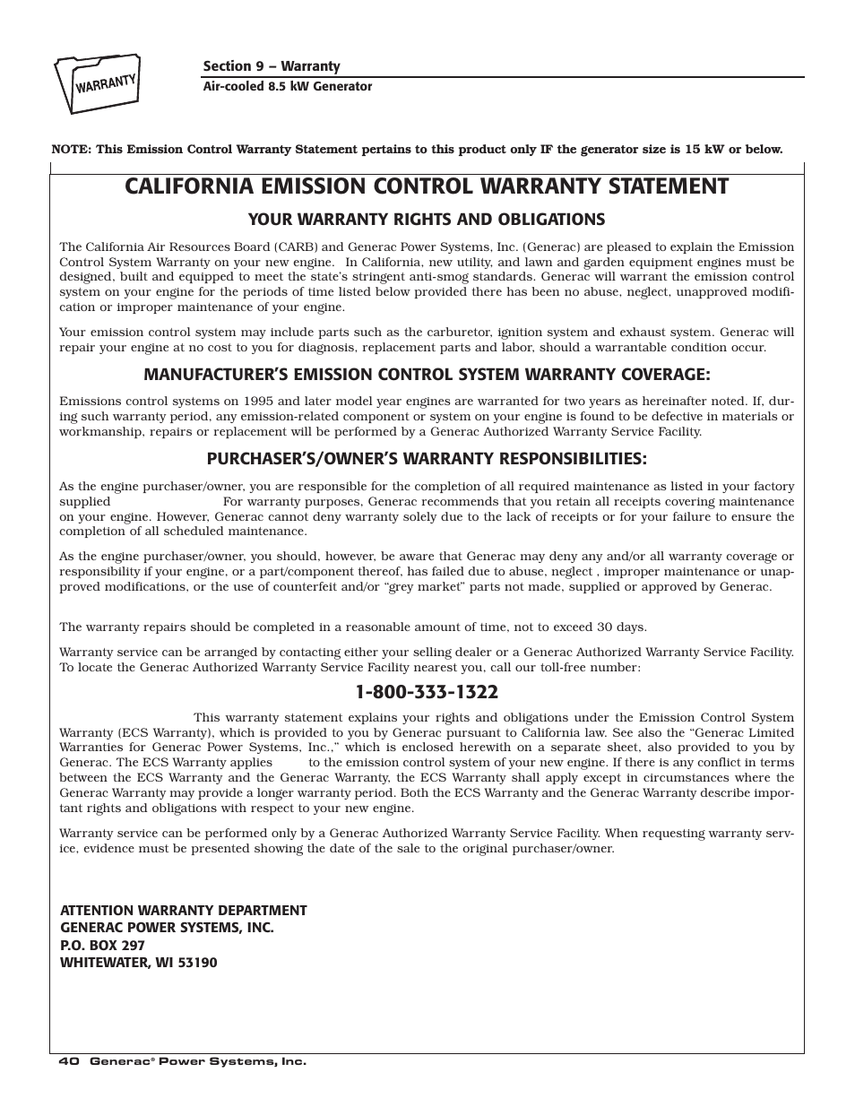 California emission control warranty statement | Generac 004692-0 User Manual | Page 42 / 44