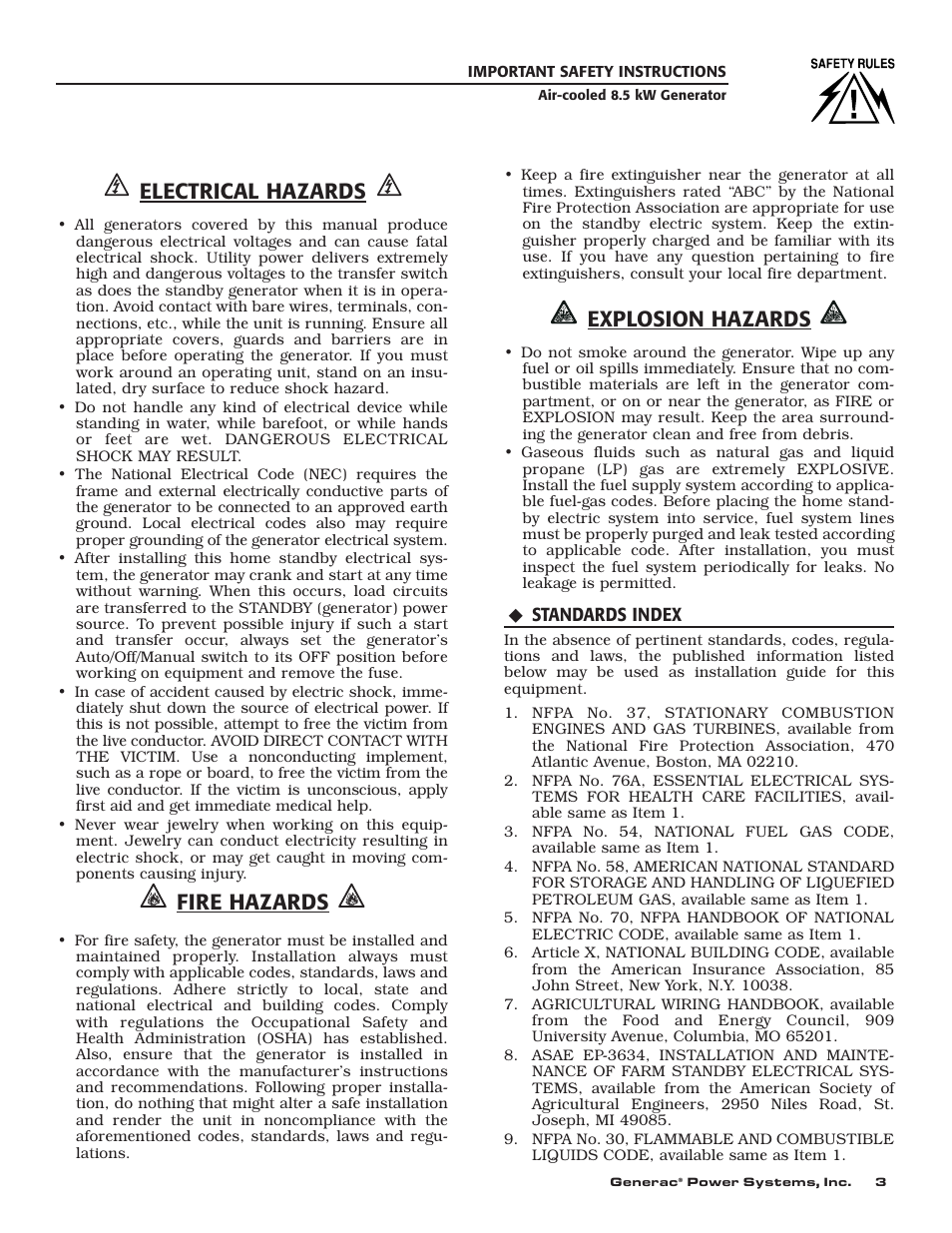 Electrical hazards, Fire hazards, Explosion hazards | Generac 004692-0 User Manual | Page 5 / 44