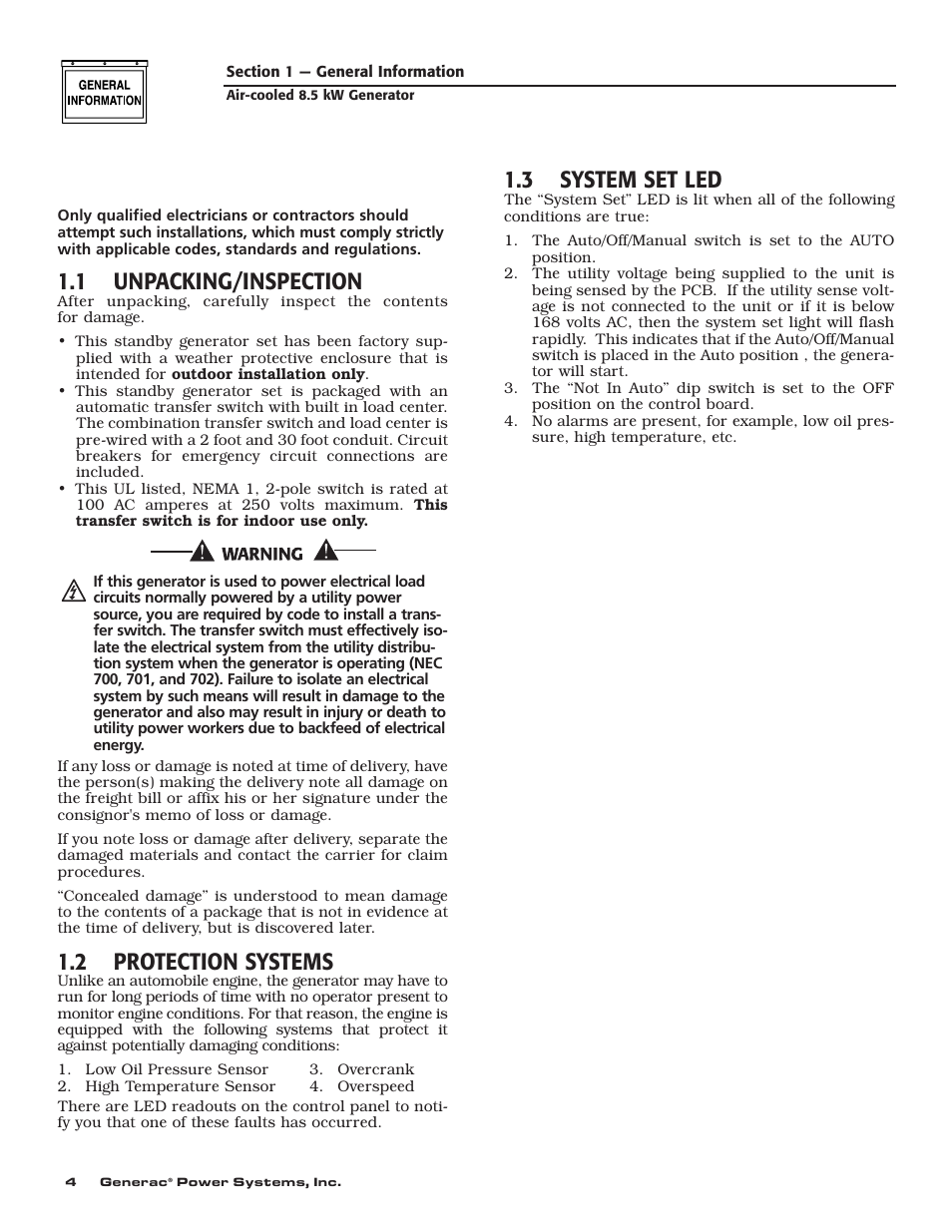 1 unpacking/inspection, 2 protection systems, 3 system set led | Generac 004692-0 User Manual | Page 6 / 44