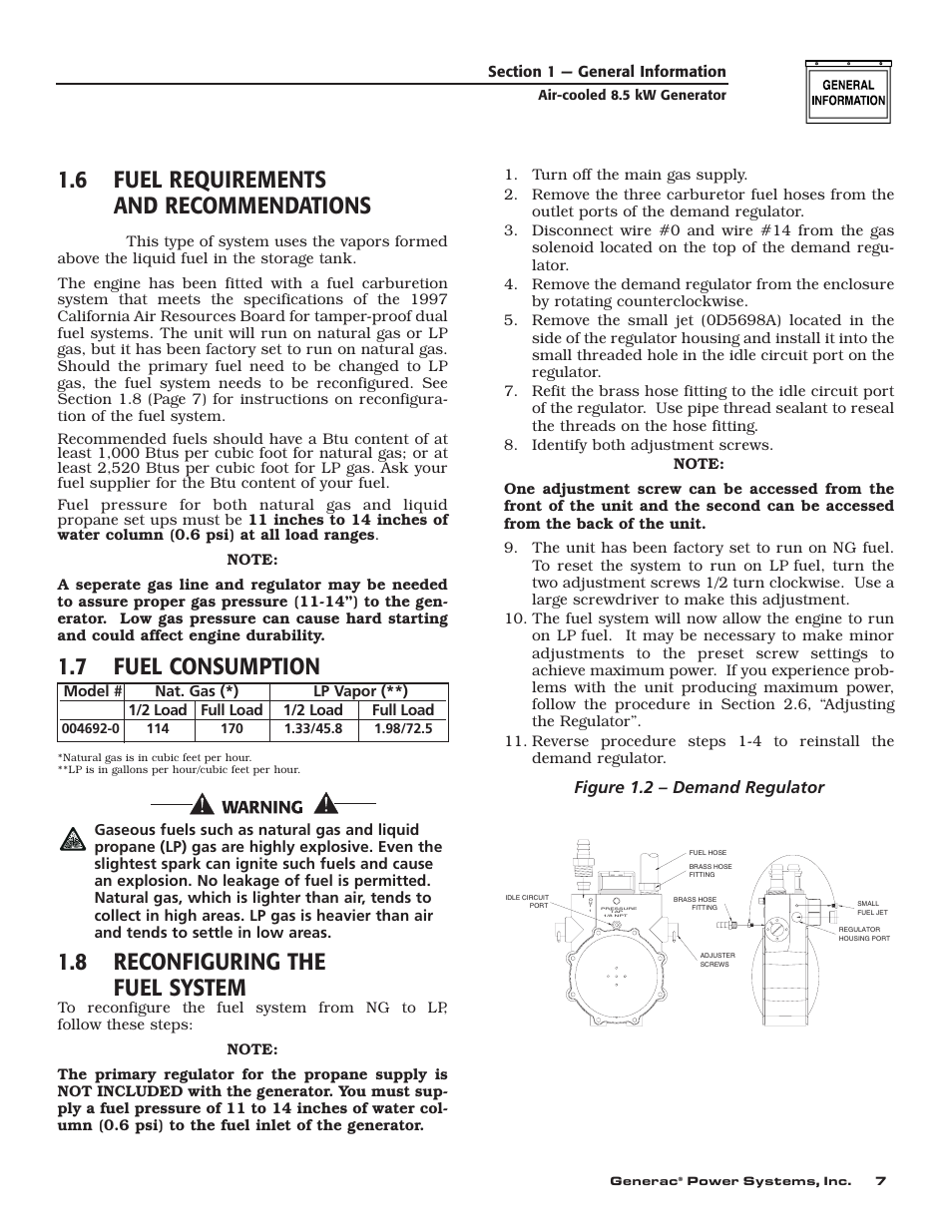 6 fuel requirements and recommendations, 7 fuel consumption, 8 reconfiguring the fuel system | Figure 1.2 – demand regulator | Generac 004692-0 User Manual | Page 9 / 44