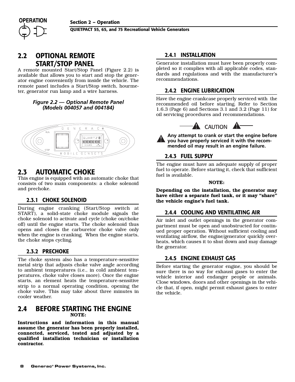 2 optional remote start/stop panel, 3 automatic choke, 4 before starting the engine | Generac 004702-0 User Manual | Page 10 / 56