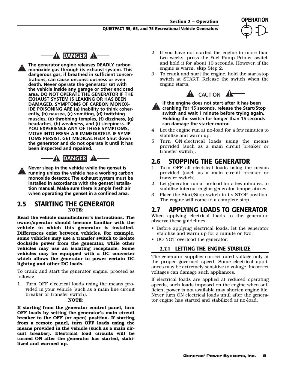 5 starting the generator, 6 stopping the generator, 7 applying loads to generator | Generac 004702-0 User Manual | Page 11 / 56