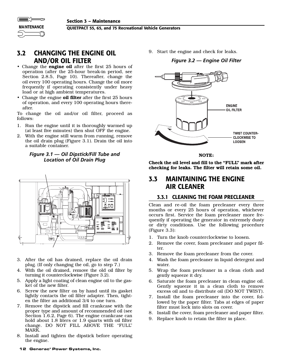 2 changing the engine oil and/or oil filter, 3 maintaining the engine air cleaner | Generac 004702-0 User Manual | Page 14 / 56