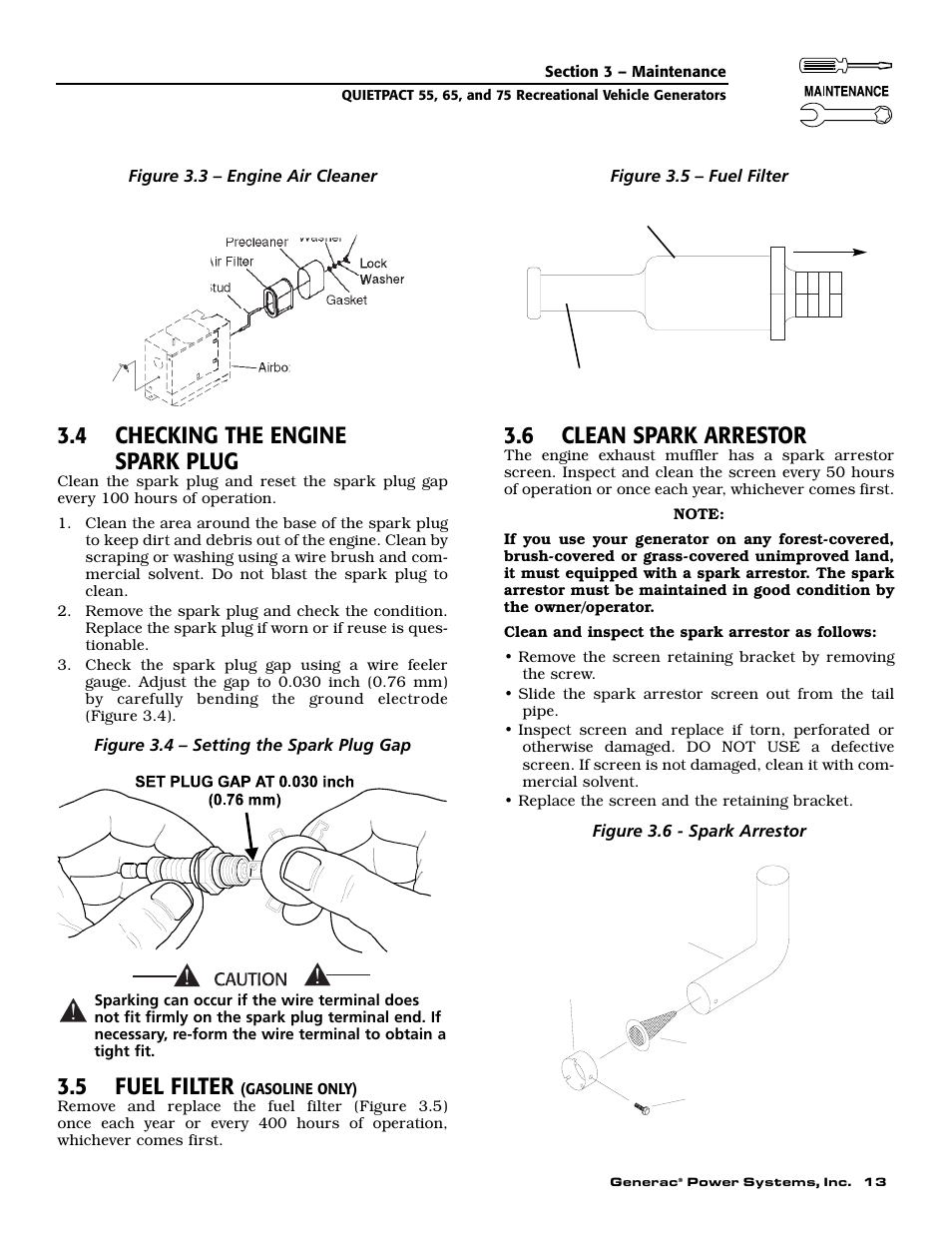 4 checking the engine spark plug, 5 fuel filter, 6 clean spark arrestor | Generac 004702-0 User Manual | Page 15 / 56