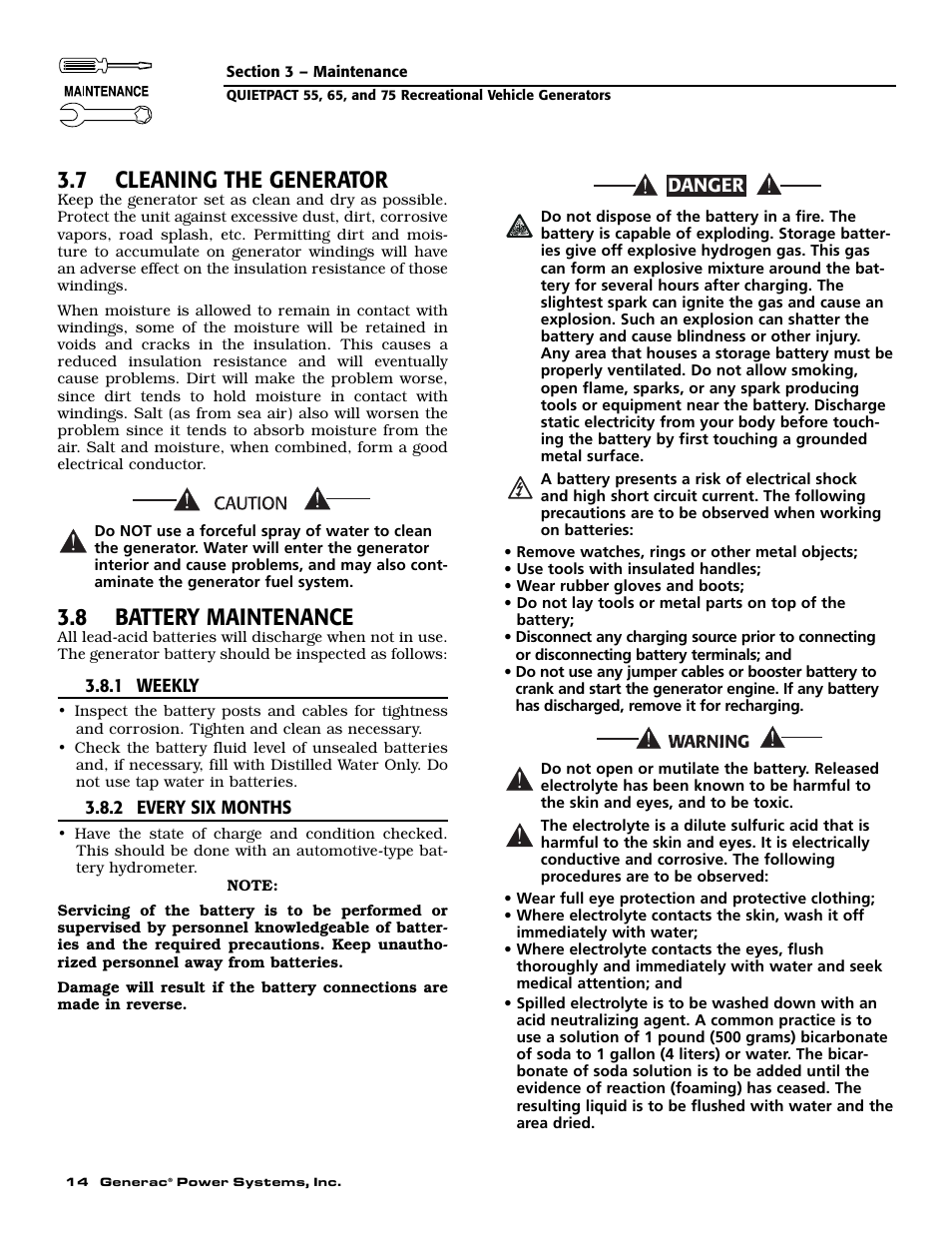 7 cleaning the generator, 8 battery maintenance | Generac 004702-0 User Manual | Page 16 / 56