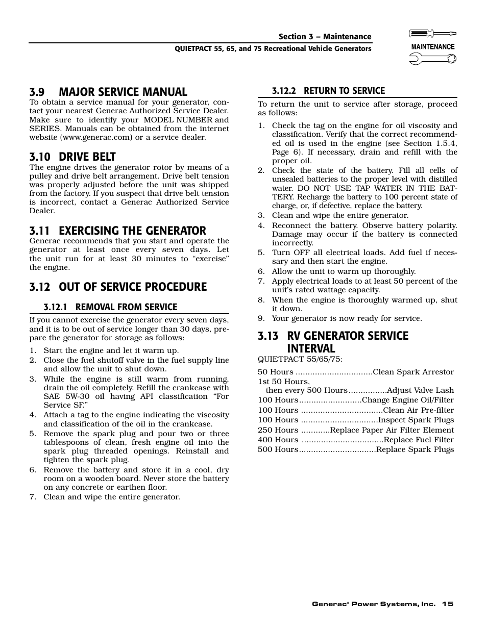 9 major service manual, 10 drive belt, 11 exercising the generator | 12 out of service procedure, 13 rv generator service interval | Generac 004702-0 User Manual | Page 17 / 56