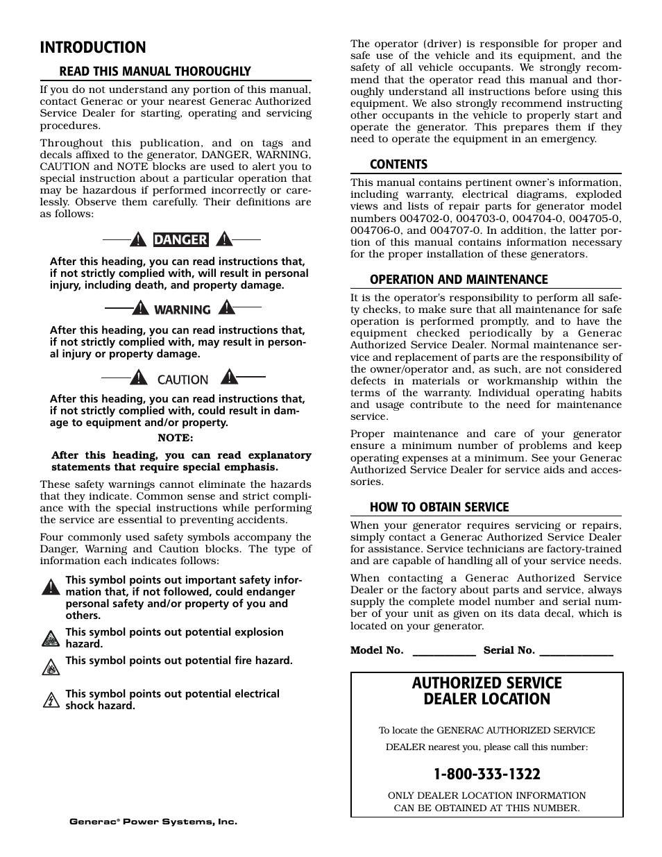 Introduction, Authorized service dealer location | Generac 004702-0 User Manual | Page 2 / 56