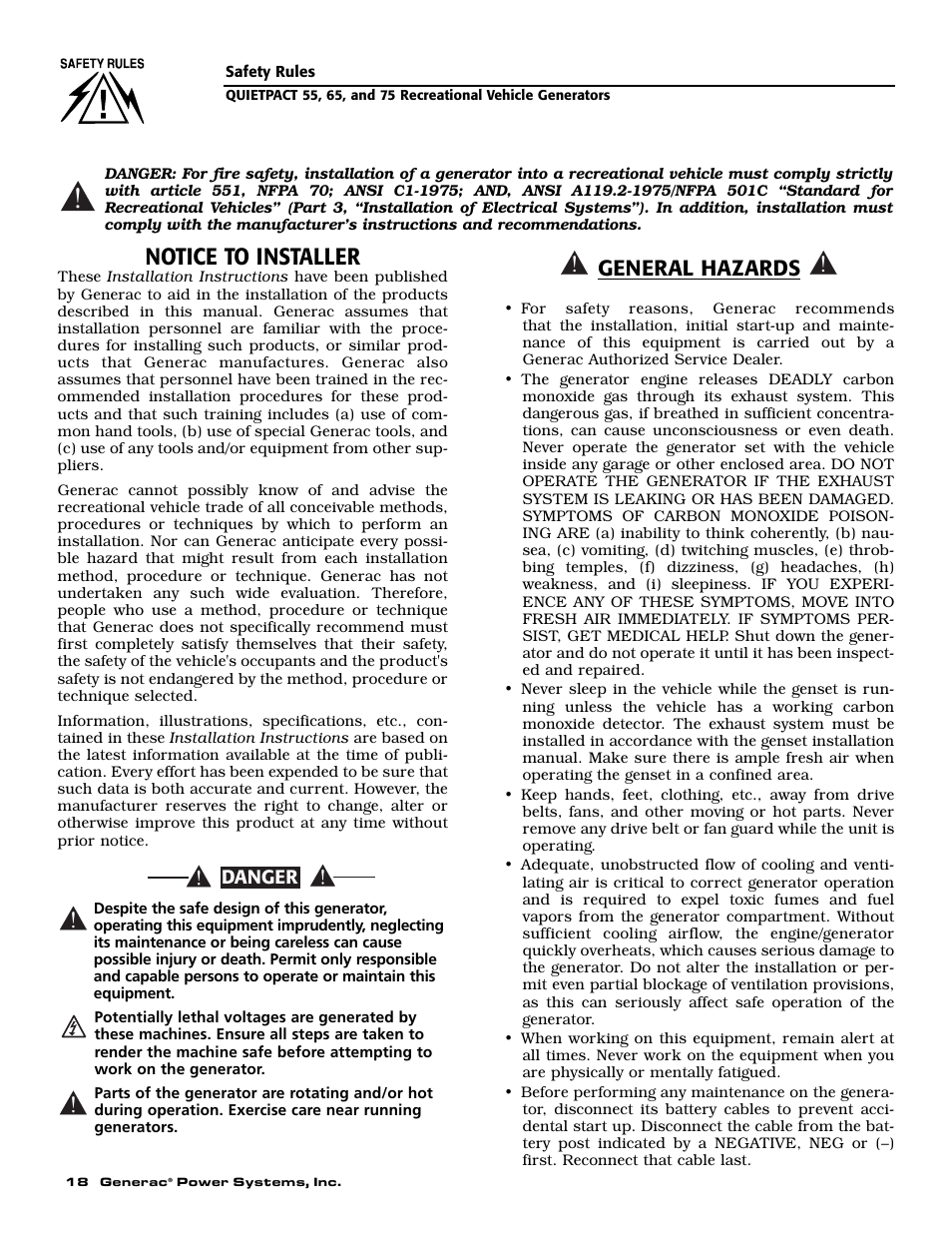 Notice to installer, General hazards | Generac 004702-0 User Manual | Page 20 / 56
