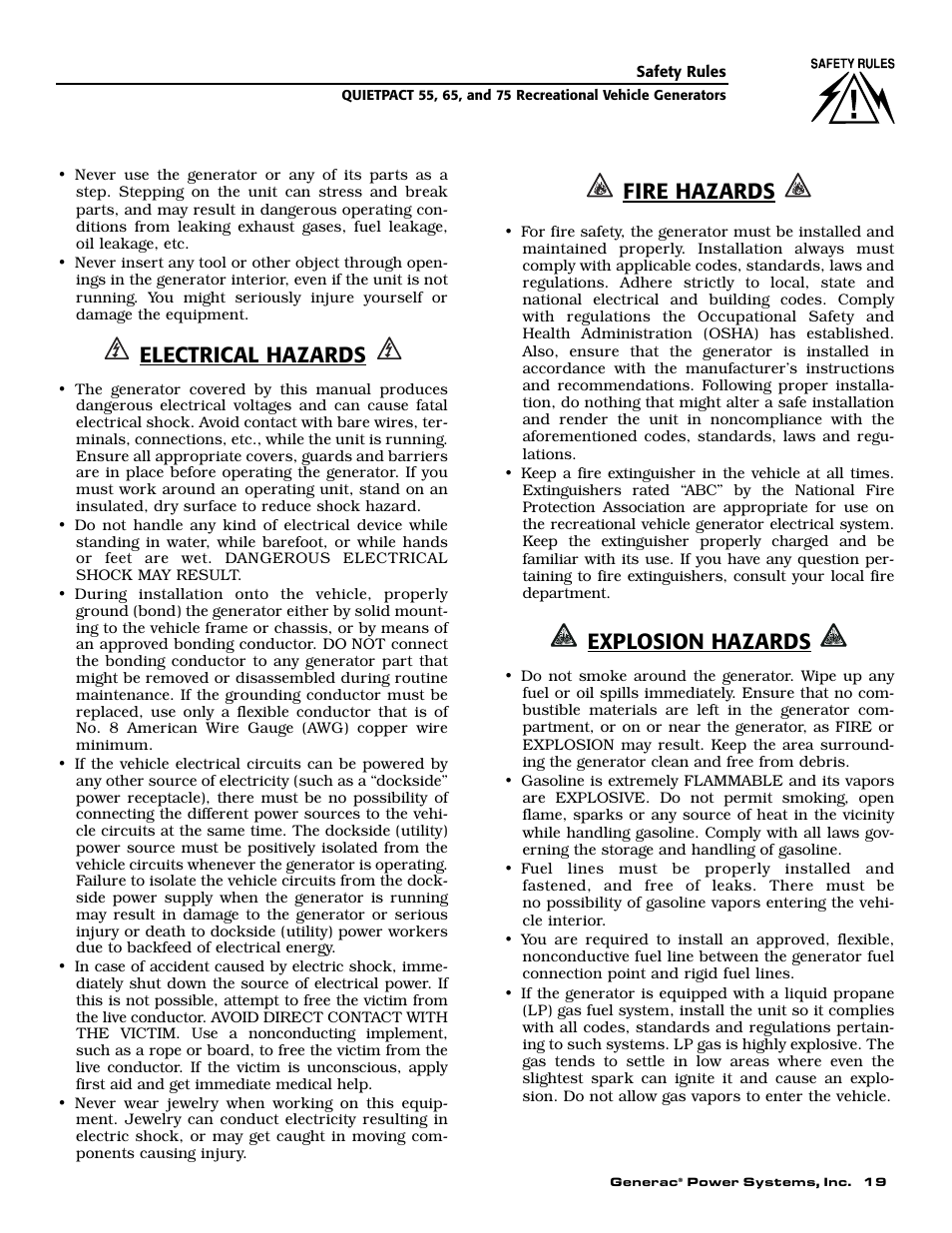 Electrical hazards, Fire hazards, Explosion hazards | Generac 004702-0 User Manual | Page 21 / 56