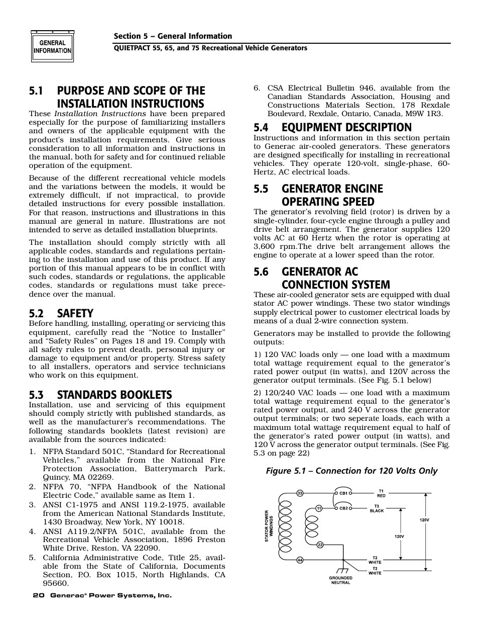 2 safety, 3 standards booklets, 4 equipment description | 5 generator engine operating speed, 6 generator ac connection system | Generac 004702-0 User Manual | Page 22 / 56