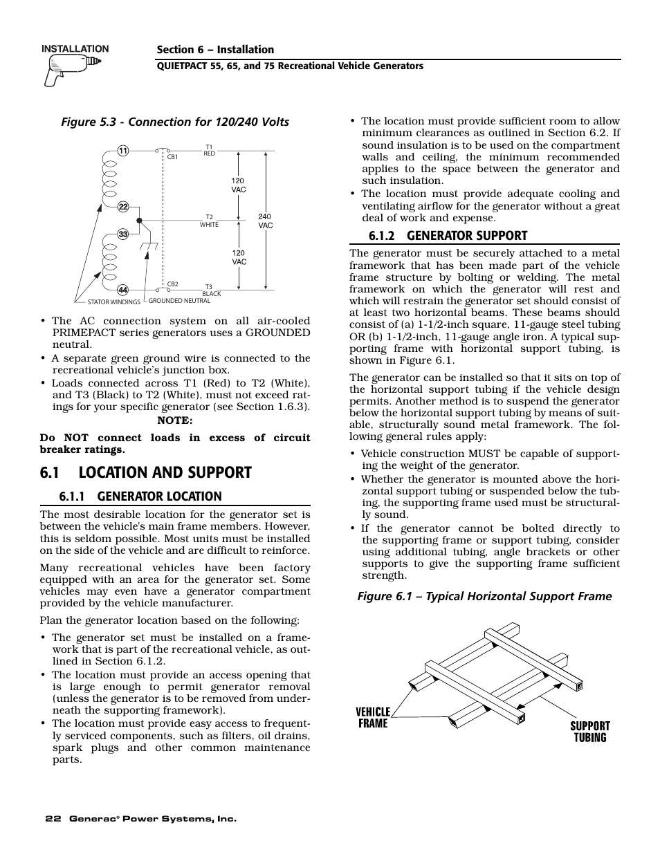 1 location and support, 1 generator location, 2 generator support | Generac 004702-0 User Manual | Page 24 / 56