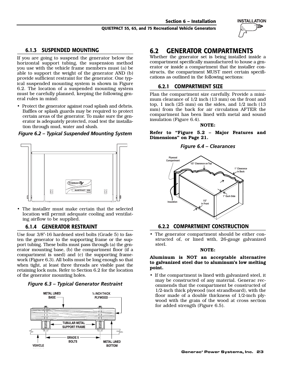 2 generator compartments, 3 suspended mounting, 4 generator restraint | 1 compartment size, 2 compartment construction | Generac 004702-0 User Manual | Page 25 / 56