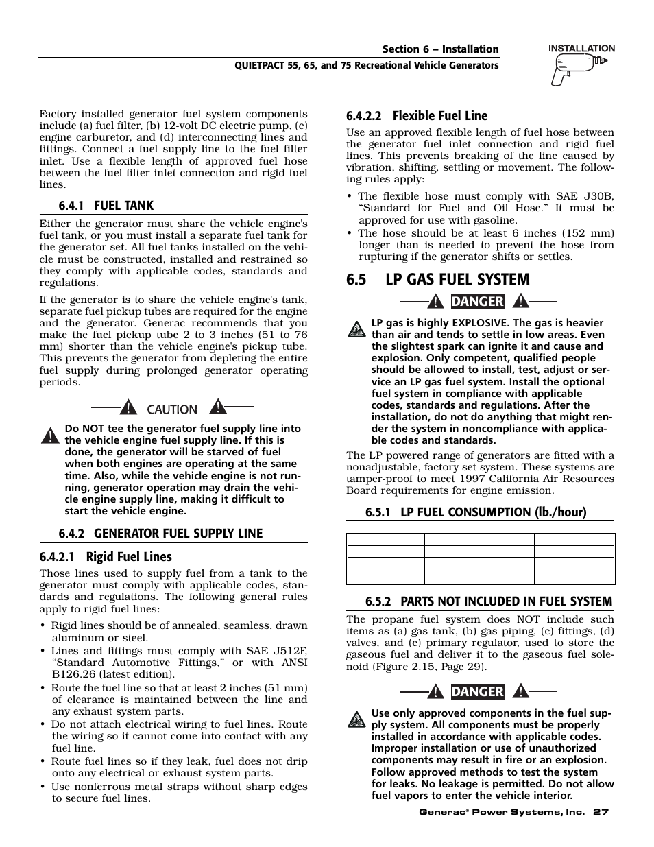 5 lp gas fuel system, Danger | Generac 004702-0 User Manual | Page 29 / 56