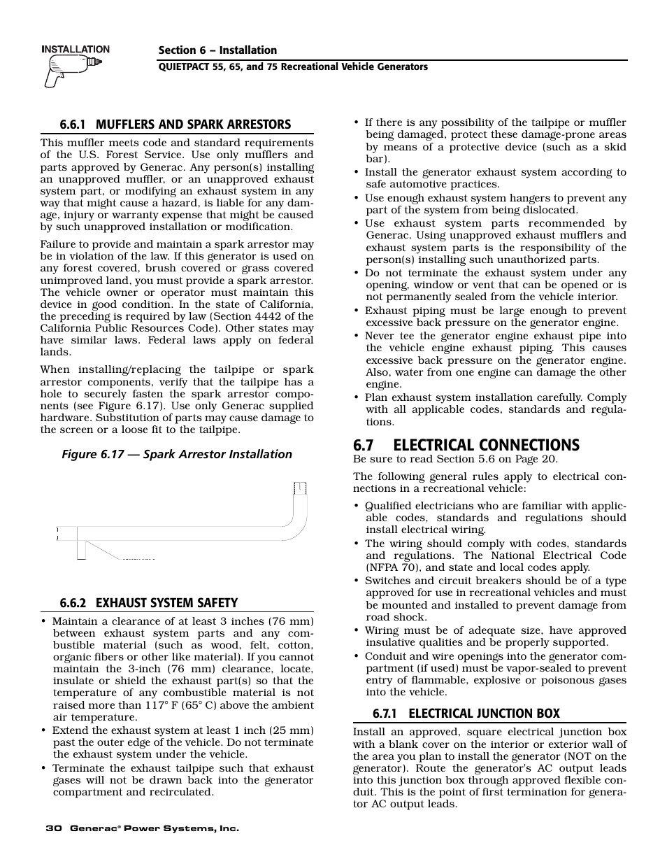 7 electrical connections, 1 mufflers and spark arrestors, 2 exhaust system safety | 1 electrical junction box | Generac 004702-0 User Manual | Page 32 / 56