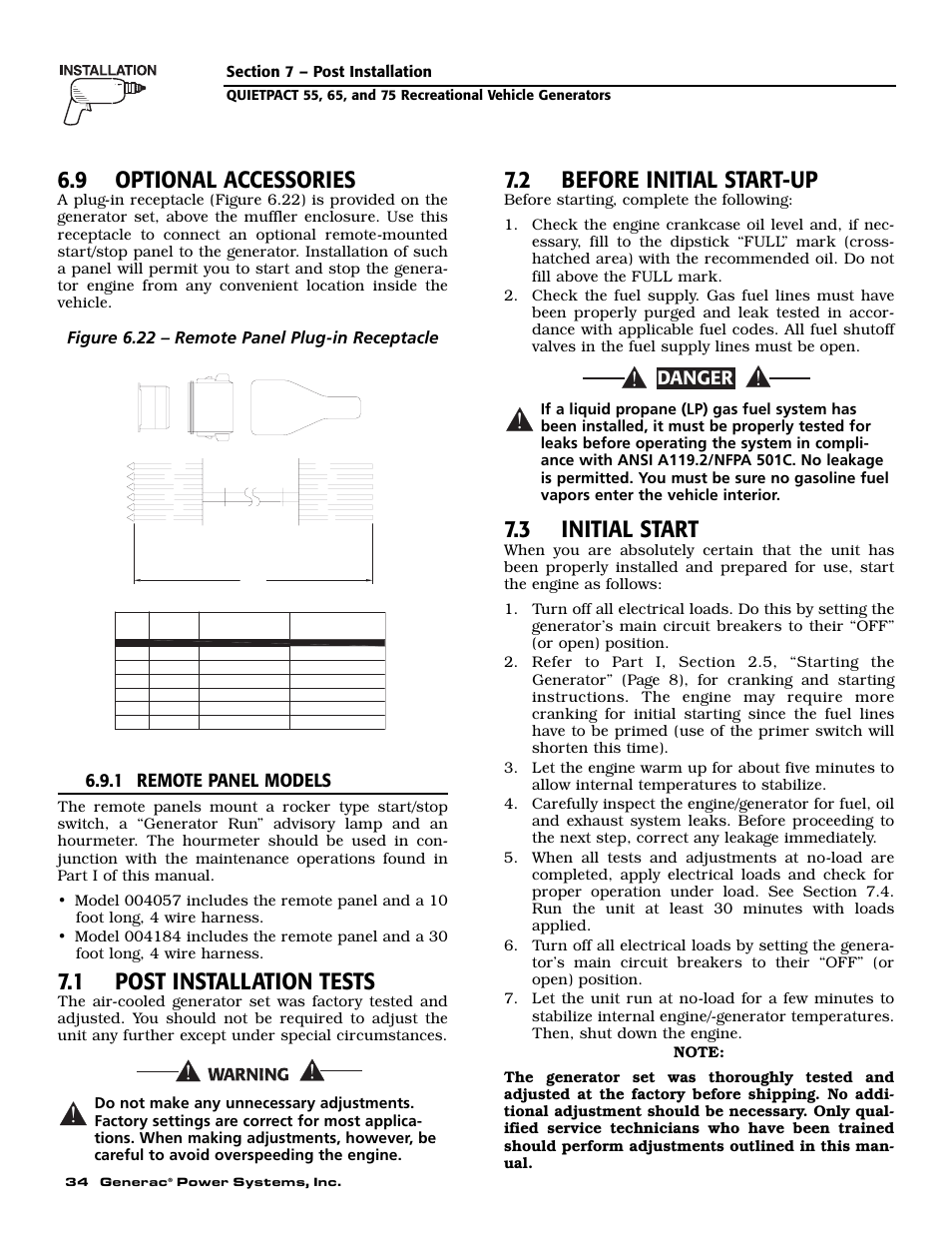 9 optional accessories, 1 post installation tests, 2 before initial start-up | 3 initial start, Danger, 1 remote panel models, Figure 6.22 – remote panel plug-in receptacle | Generac 004702-0 User Manual | Page 36 / 56