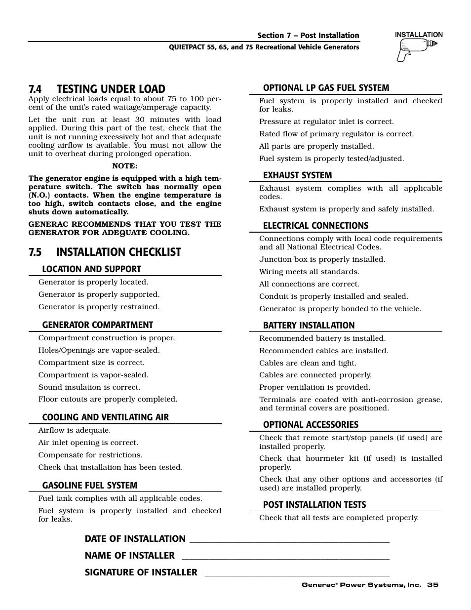 4 testing under load, 5 installation checklist | Generac 004702-0 User Manual | Page 37 / 56