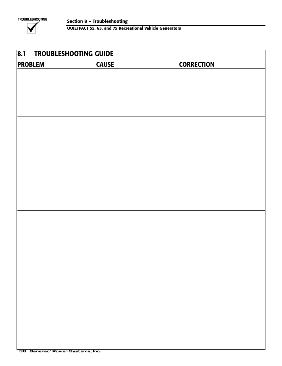 1 troubleshooting guide, Problem cause correction | Generac 004702-0 User Manual | Page 38 / 56