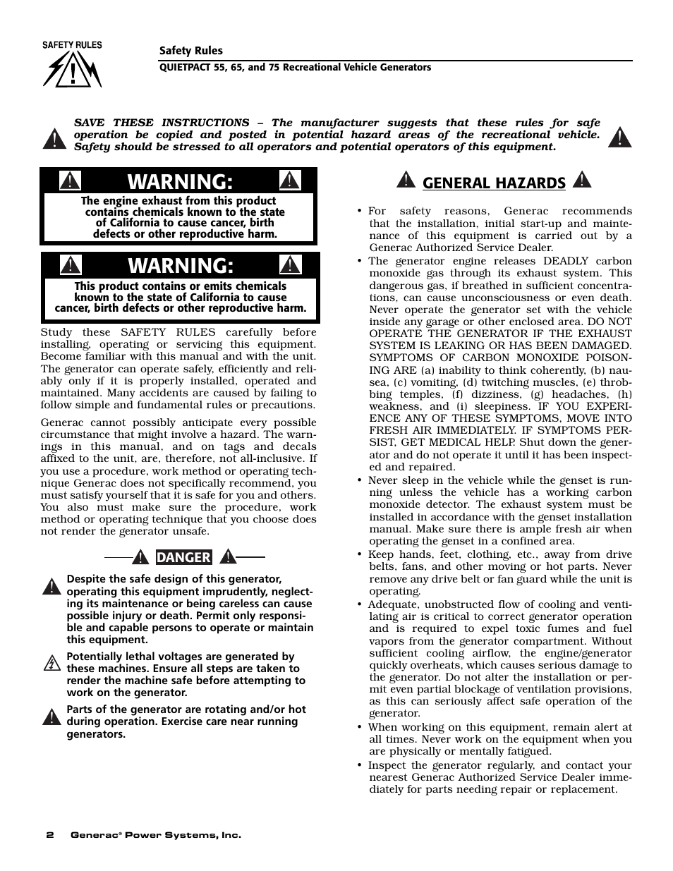 Warning, General hazards | Generac 004702-0 User Manual | Page 4 / 56
